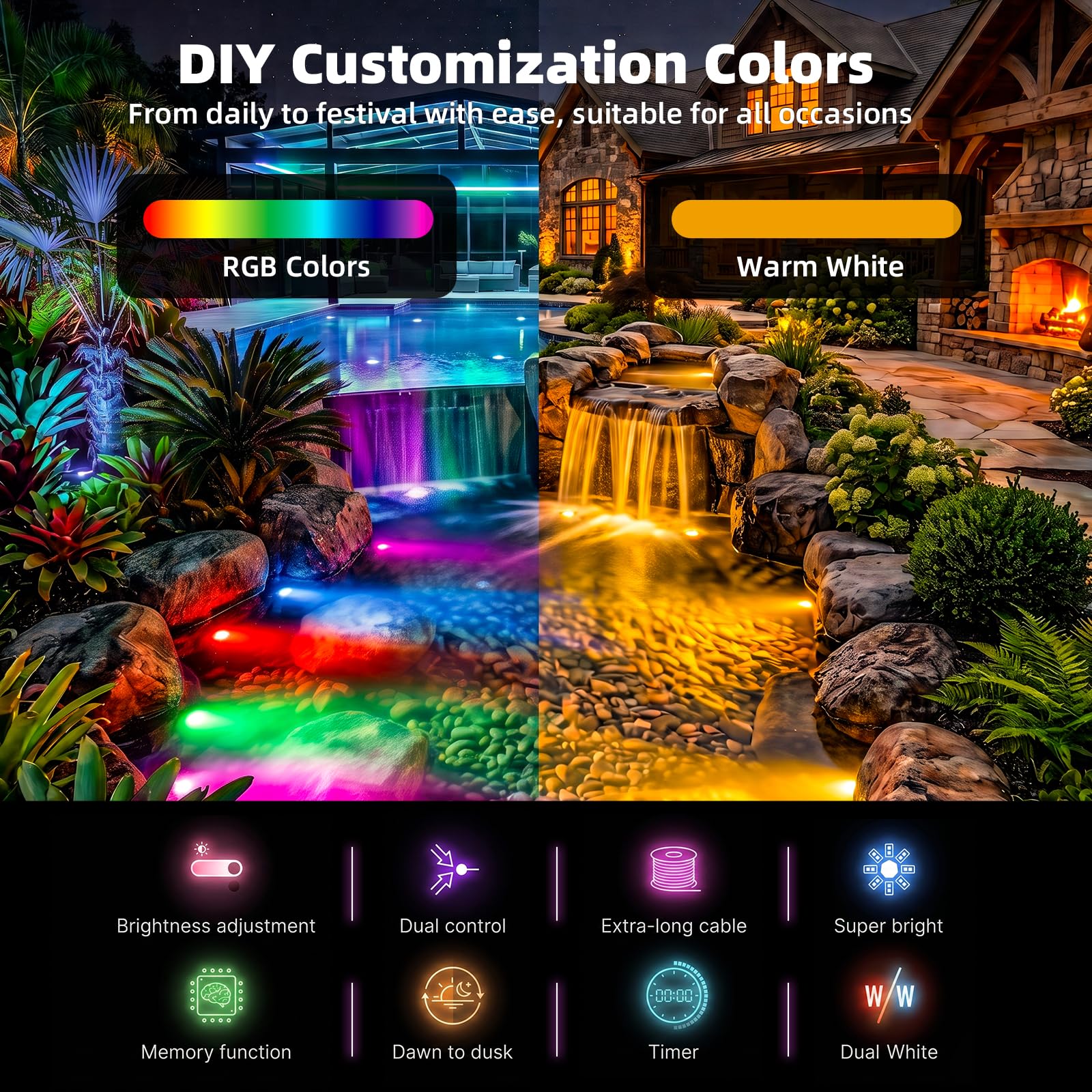 SMY Lighting RGBWW Teichbeleuchtung Unterwasserbeleuchtung Teich | mit Photozellensensor und Timer, Niedervolt Transformator, IP68 Wasserdicht Poolbeleuchtung
