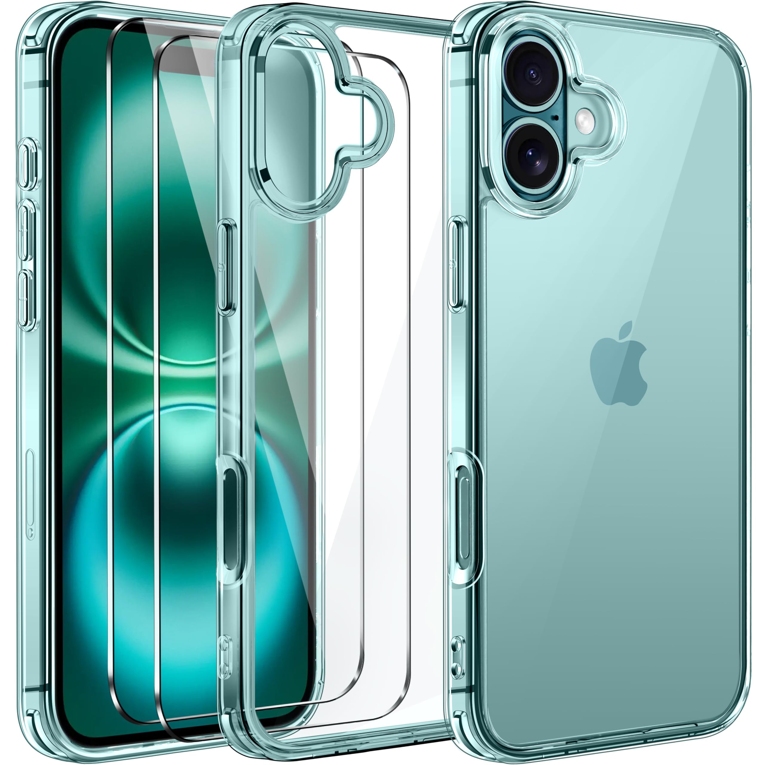 iVoler Anti Ingiallimento Chiaro Cover per iPhone 16 con 2 Pezzi Pellicola Vetro Temperato e Cornice di Installazione, [Antiurto di Grado Militare] Custodia Trasparente Sottile Case-Verde