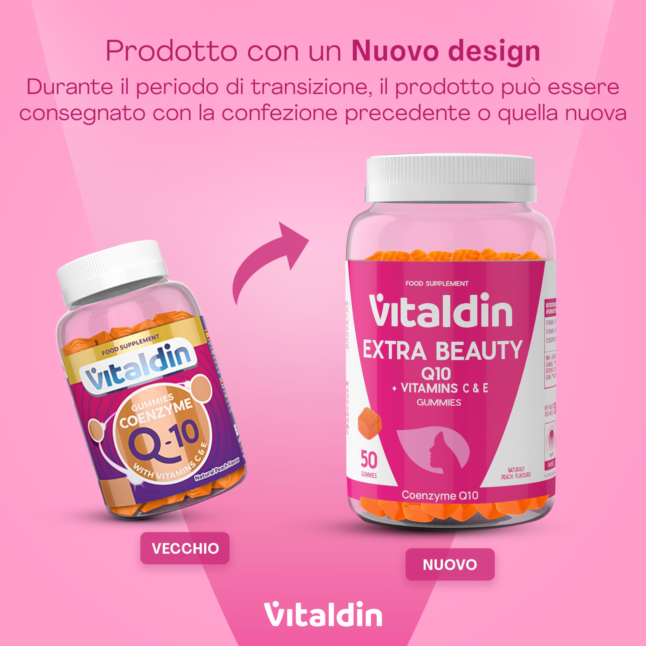 VITALDIN Coenzima Q10 Gummies – Integratore di Bellezza – 200 mg di CoQ10 per dose + Vitamina C & E – 50 Caramelle Gommose (fornitura per 1 mese), Gusto Pesca – Antiossidante – Senza Glutine