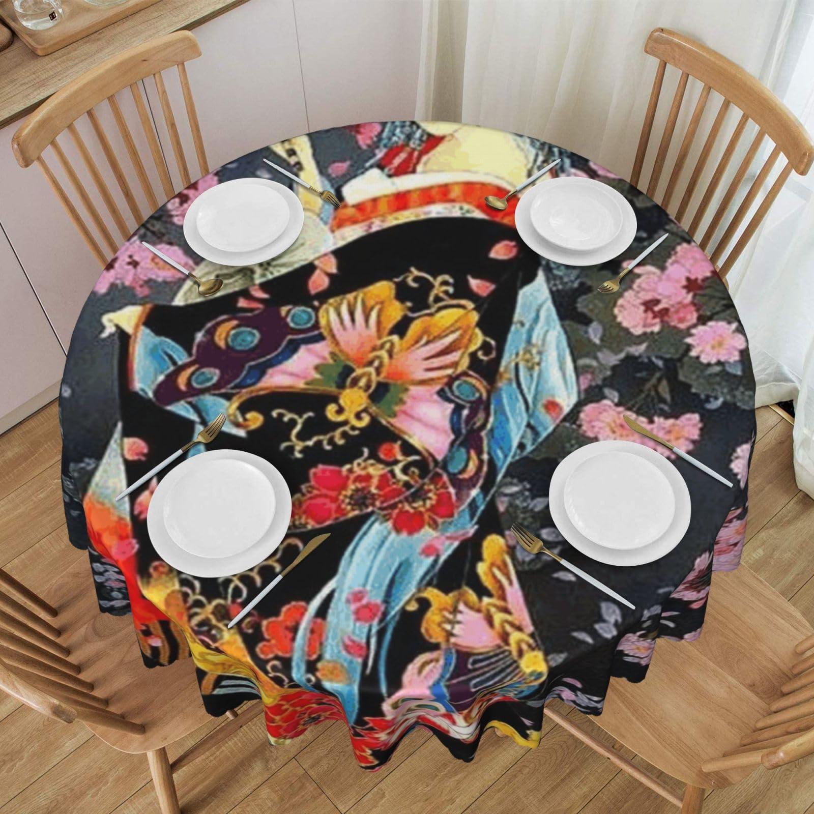 DCEHGEW 60 In Round Tablecloth with Lace, Retro Japanese Geisha Printed Oilproof & Washable Fabric Picnic Table Cloth Table Covers