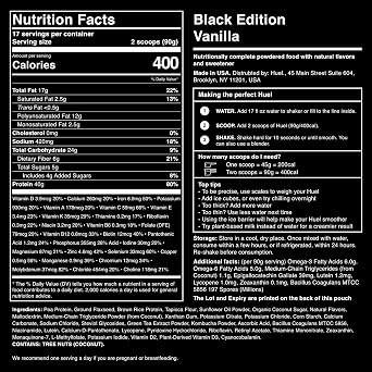 Huel Black Edition Protein Powder Meal Replacement Shake - Vanilla - with LastFuel Scoop - 34 Scoops Packed with 100% Nutritionally Complete Food, Including 40g of Protein, 8g of Fiber, and 27