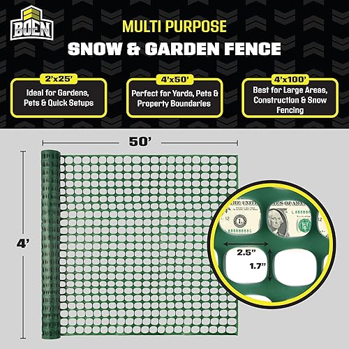 Miniatura 2 de BOEN Valla temporal verde de 4 x 50 pies, valla de nieve de malla, plástico, red de jardín de seguridad, barrera sobre el suelo, para ciervos,