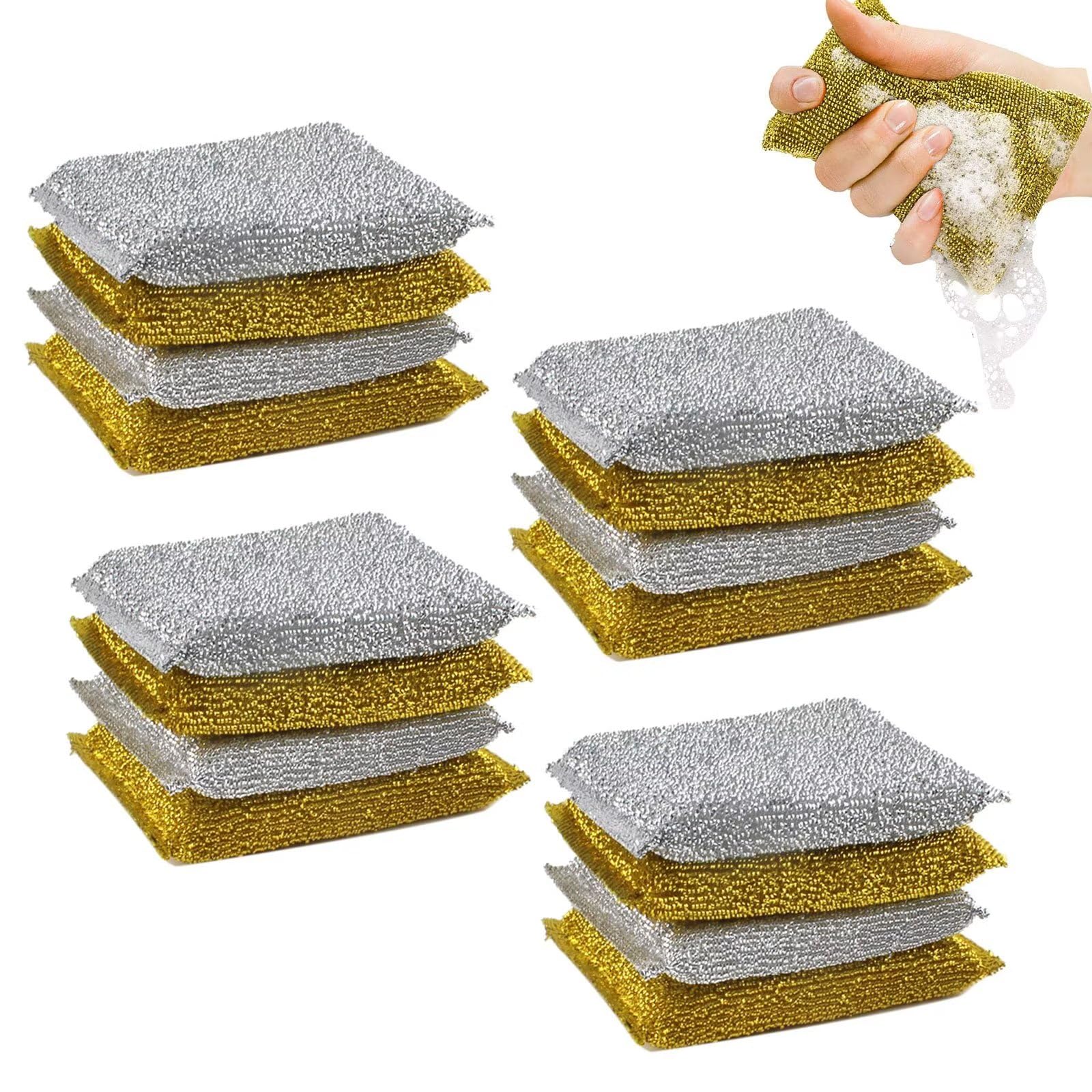 NTPHNB 16PCS Kitchen Scrubbing Sponges, Heavy Duty Cleaning Scrub Sponge Non Scratch Dish Scouring Scrubbers for Dishes, Pots, Pans, Sink(Gold & Silver)