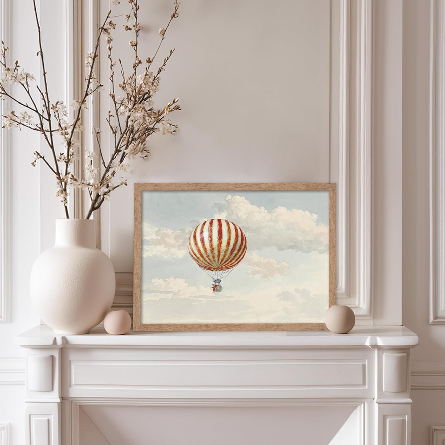 Poster Master Vintage The Balloon Poster - Retro Hot Air Balloon Print - Aircraft & Bird Print - Watercolor Art - Balloon Trip Design - Kid's Room Playroom or Nursery Decor - 11x14 Beige Framed