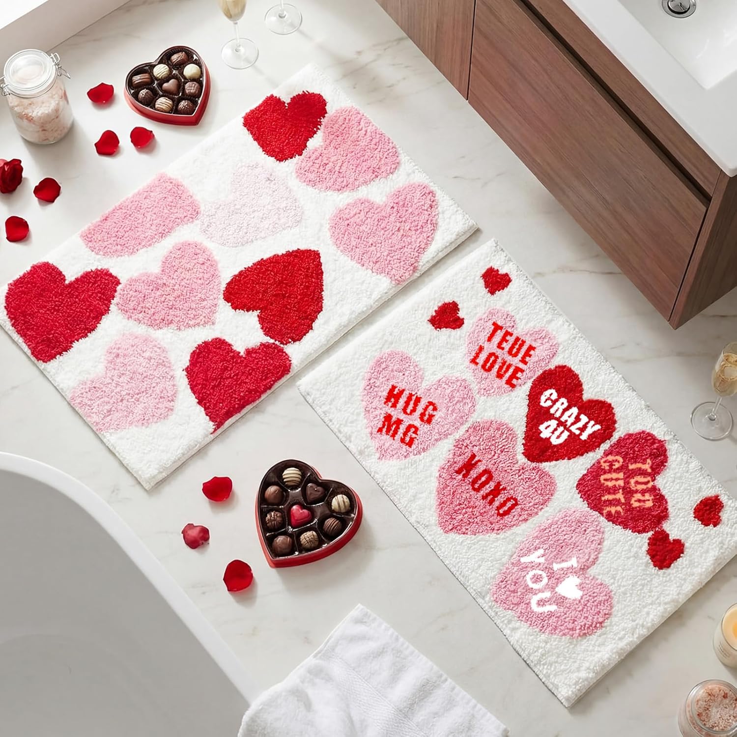 Tinideya 2 Pcs Valentine's Day Bathroom Rugs Conversation Heart Door Mat Valentines Bathroom Mats Pink Red Heart Rugs Non Slip Washable Bath Rug for Front Doors Kitchen Bedroom, 31.5 x 19.7 Inch