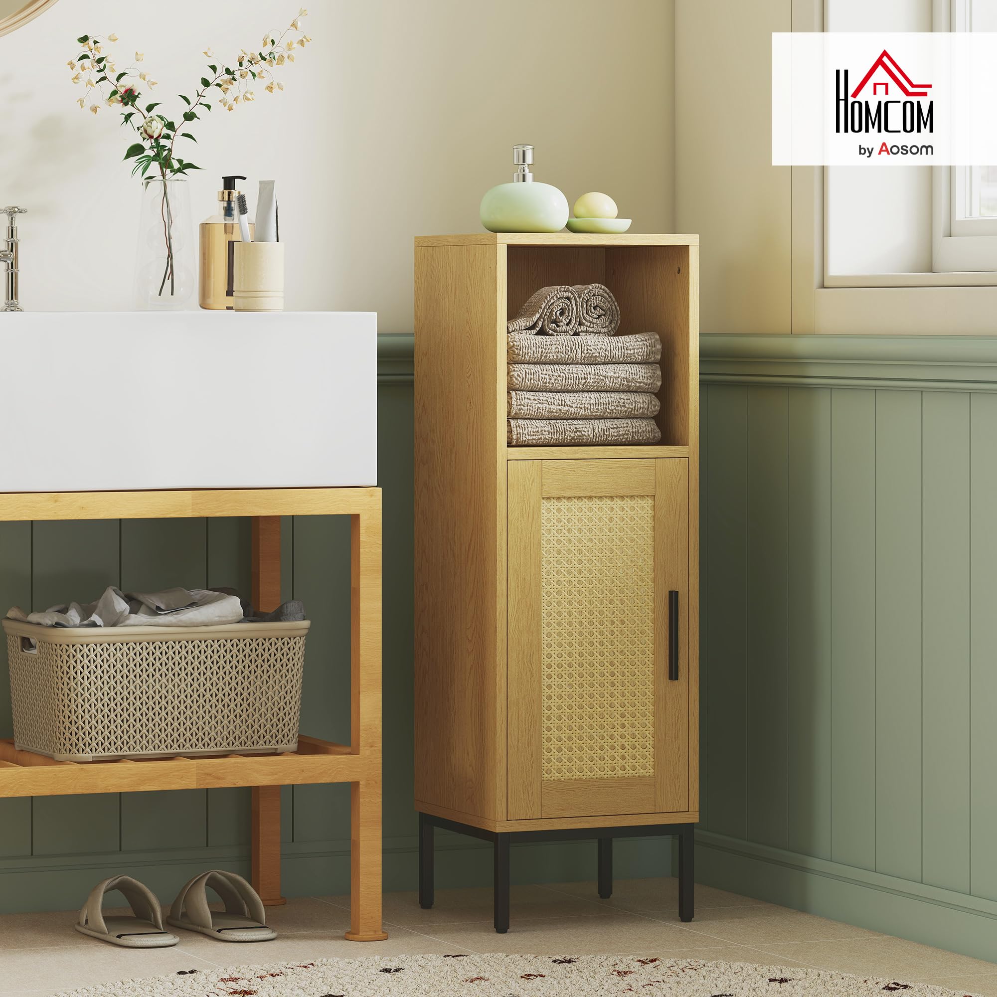 HOMCOM Badezimmerschrank Schmal mit Verstellbarem Regal, Natur