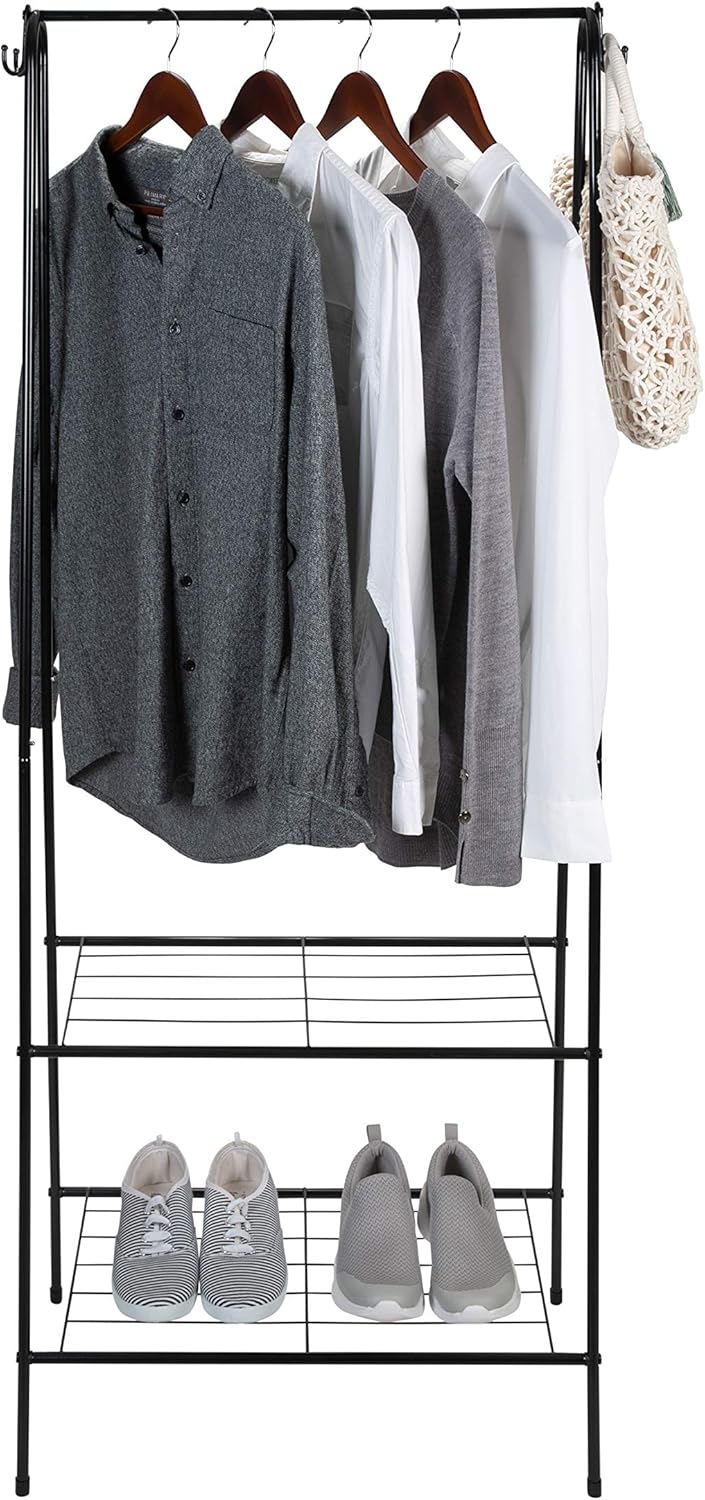 Black Metal Freestanding Clothing Rack with Shelves and Hooks