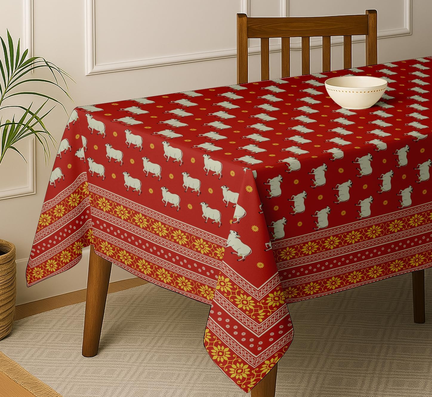 Animal Design Tablecloth - Red 60x60 Inch Cotton Twill Dining Table Cover, Perfect for 4 Seater Tables, Durable, Protective & Washable, Ideal for Everyday Use, Festive Occasions & Gatherings