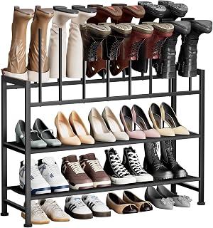 DiMJ 4-Tier Black Metal Boot Rack for 8 Pairs Tall Boots, Sneakers & High Heels - Versatile Entryway Shoe Organizer