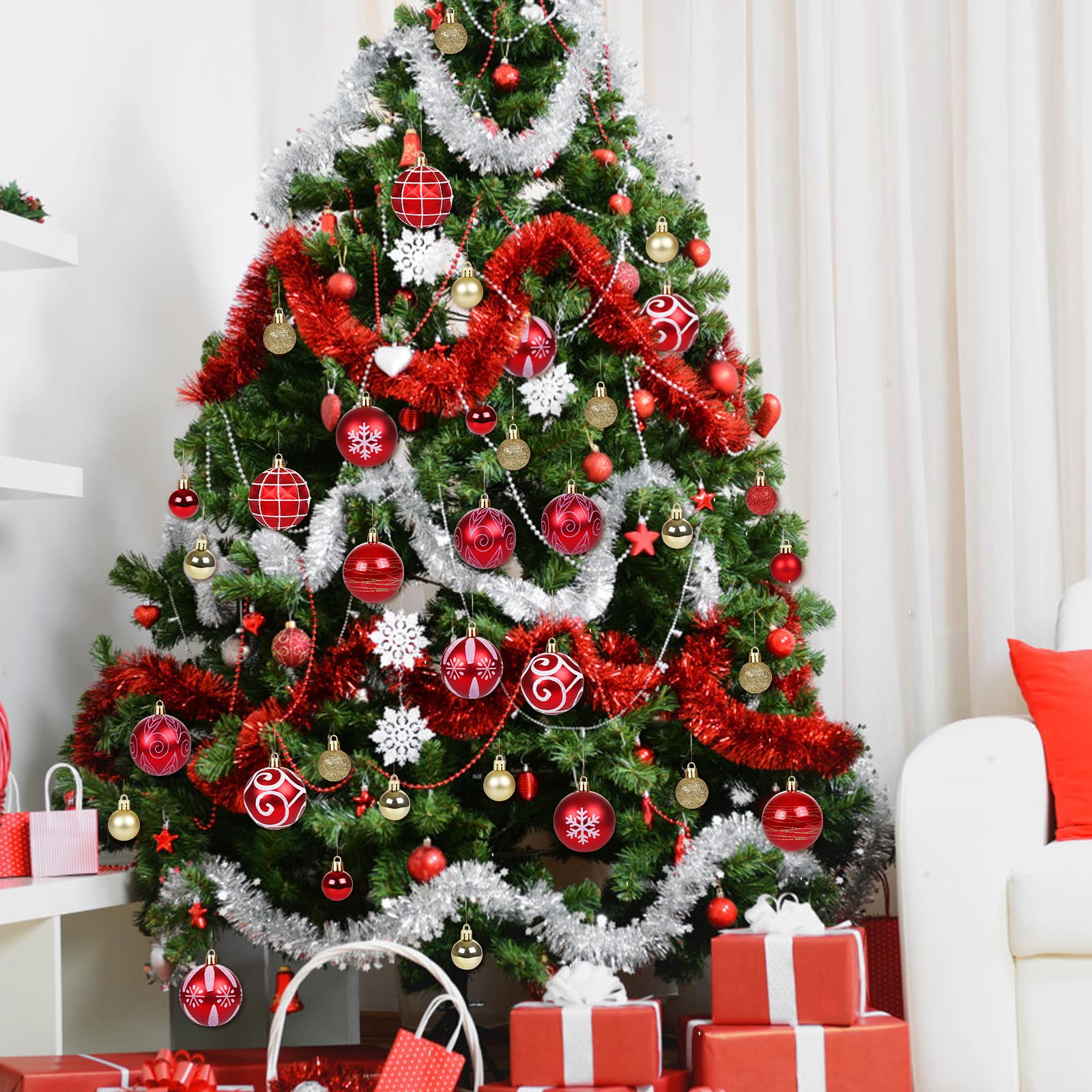 GWHOLE Bolas de Navidad de 60 Piezas Kit para Árbol de Navidad Decoraciones de Navidad Adornos Colgantes Rojo y Oro de 12 Formas Diferentes