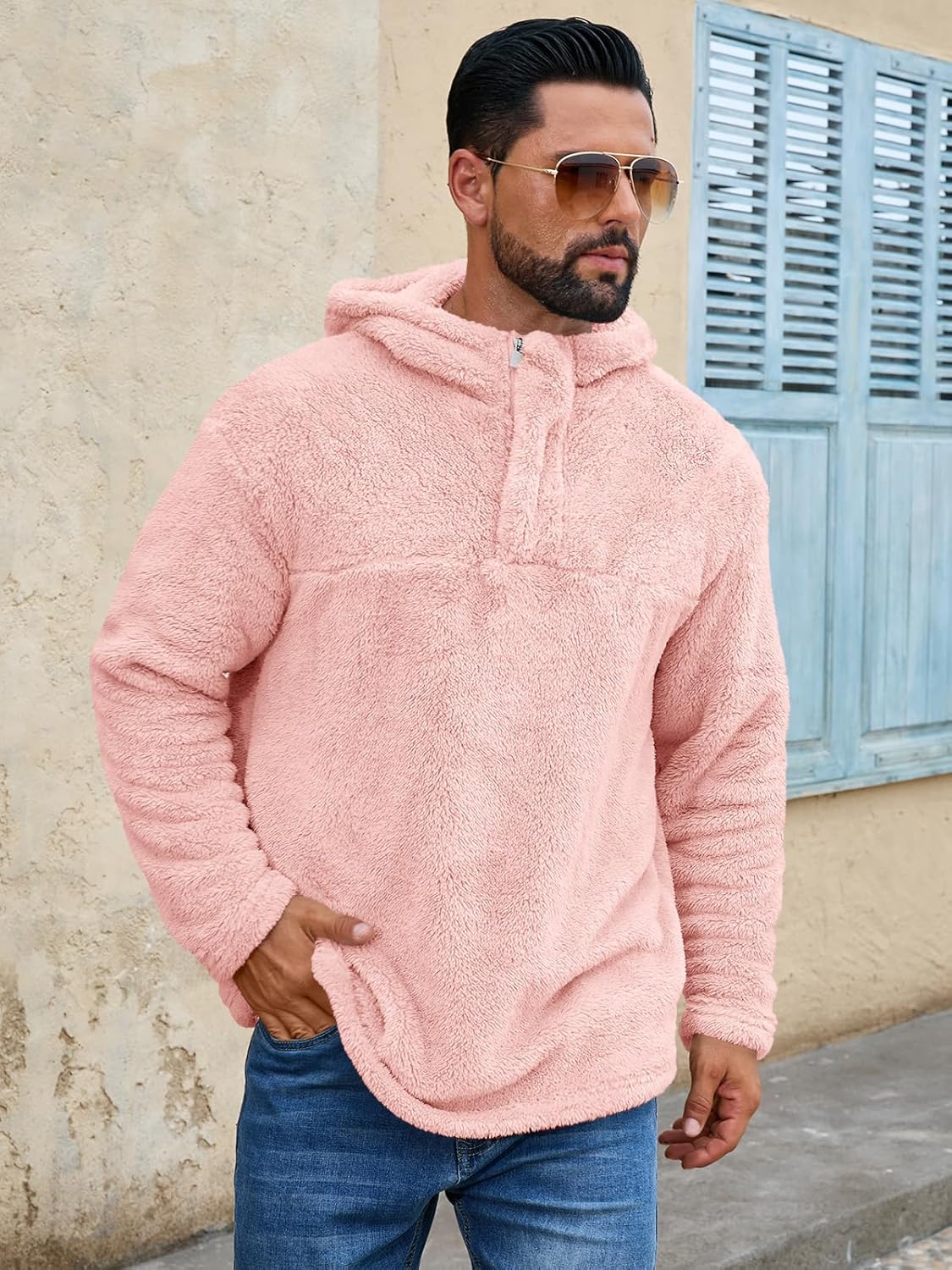 Runcati Mens Fuzzy Sherpa Hoodies Pullover Quarter Zip Long Sleeve Sweatshirts Fall Winter Outwear Casual Fleece Hooded - Image 5