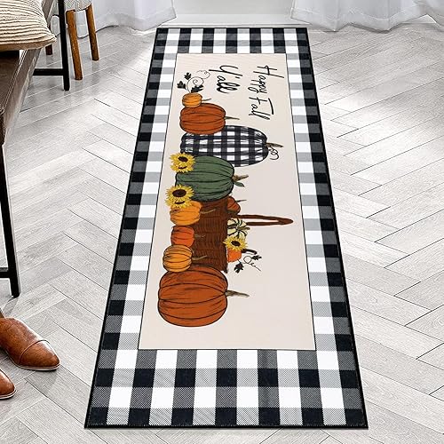Bsmathom Alfombra de otoño de 2 x 6 pies, antideslizante, lavable a máquina, alfombra de otoño de 6 pies, alfombra de piso de otoño a cuadros de