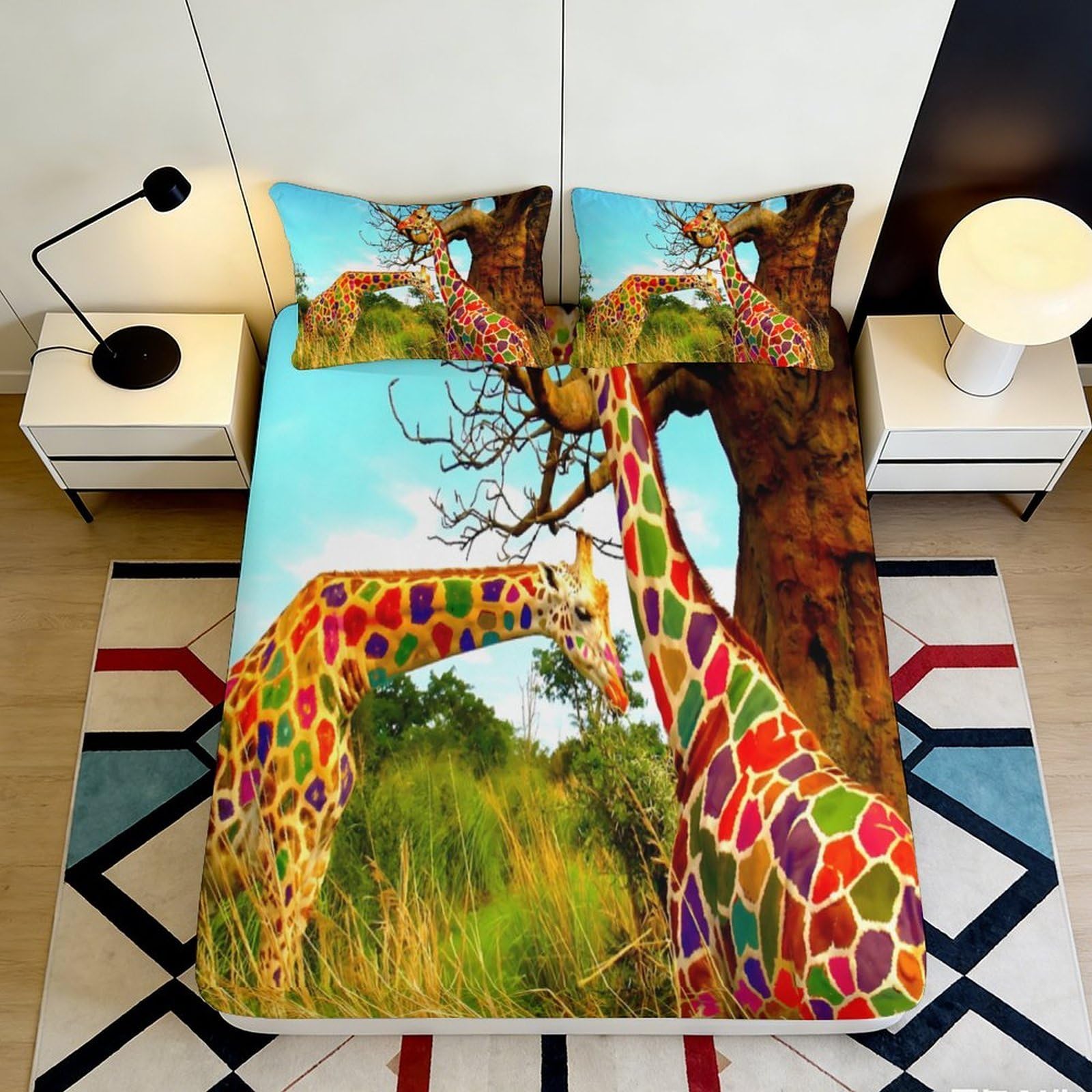 3D Printed Giraffe Microfiber Fitted Sheet Deep Pocket Non-Slip Bedroom Bedding Giraffe Mattress Fitted Cover 200x200x25cm 90x200x25cm