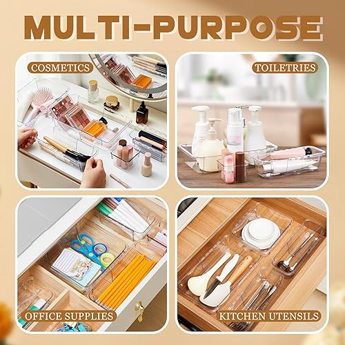 Miniatura 6 de Organizador de cajones transparente extensible, 25 unidades, 3 tamaños, ajustable, organizador de cajones de escritorio, contenedores de