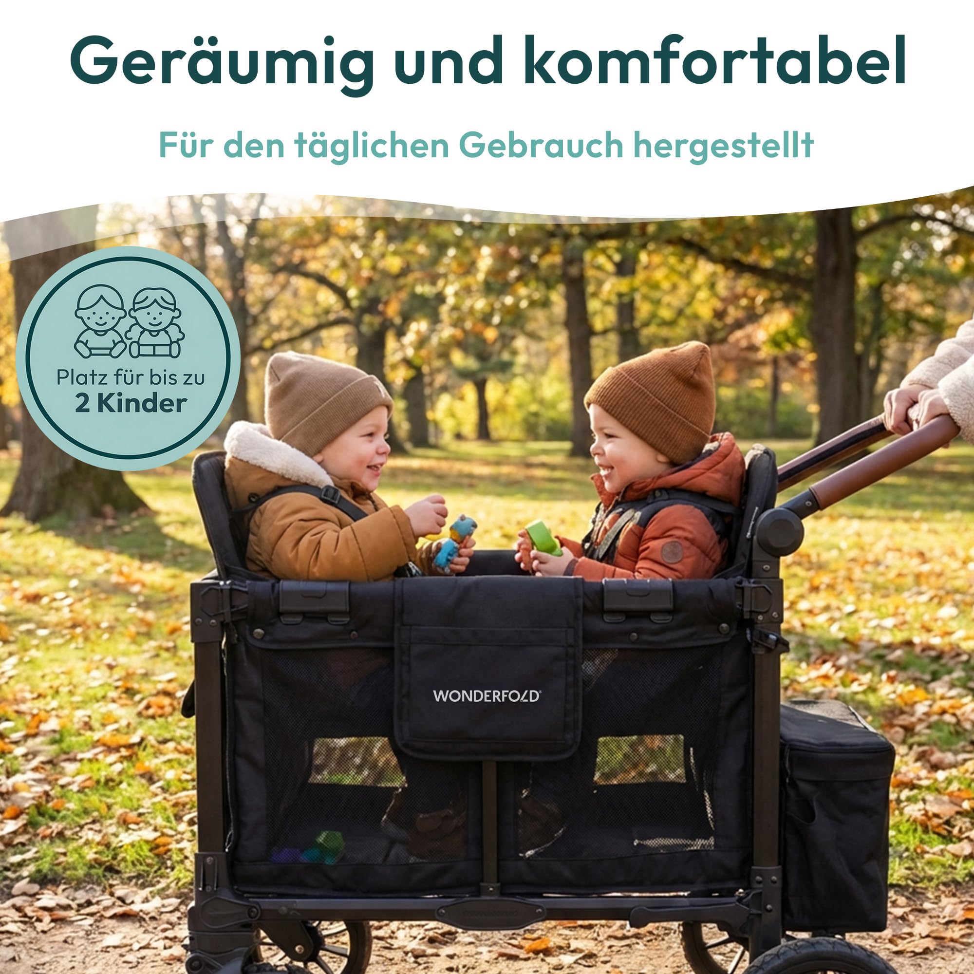 WONDERFOLD W2 Luxe Pro Kinderwagen 2-Sitzer zusammenklappbar mit 5-Punkt-Sicherheitsgurten verstellbarem Sonnendach Schwarz Jet Black