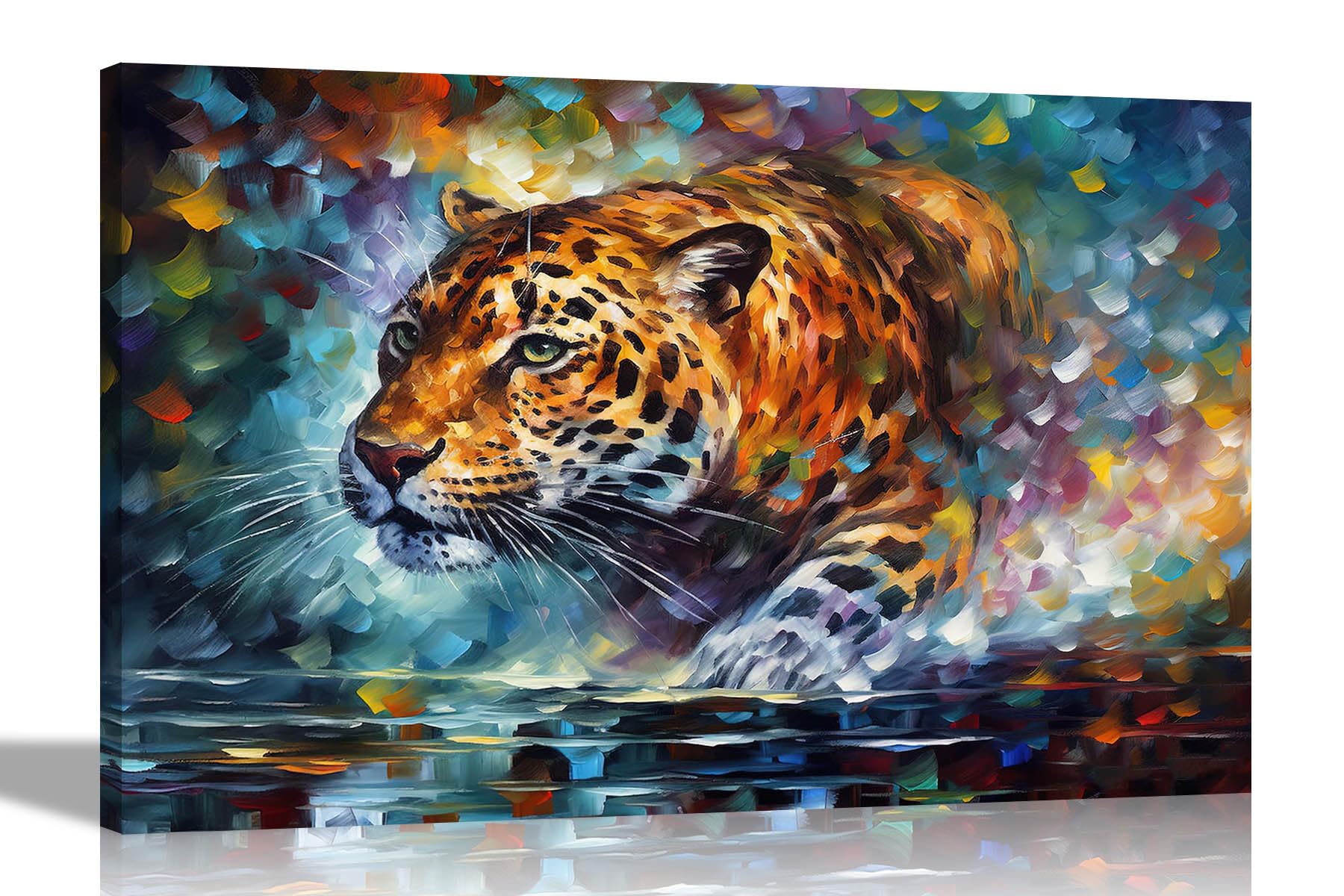 Artley Prints Pouncing Leopard - Colourful Canvas Pictures For Living Room - Wall Art For Bedroom, Hallway - Modern 51 X 35Cm (20 X 14 Inches)
