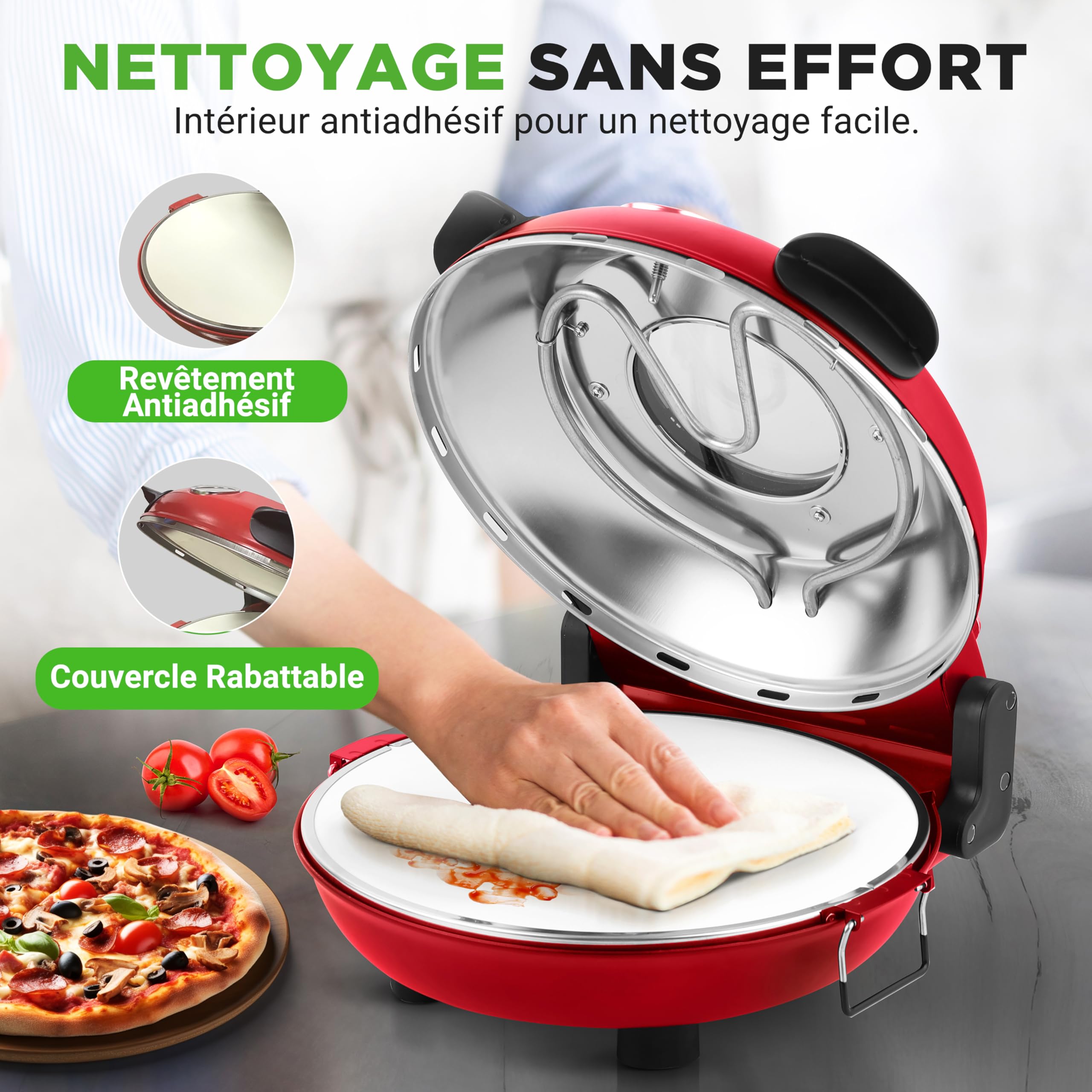 NutriChef Four à Pizza Électrique – Pierre à pizza Ø30 cm avec Thermostat et Thermomètre | Chauffe Jusqu’à 425°C | Cuisson Rapide | Fenêtre de Cuisson | Facile à Nettoyer - Rouge