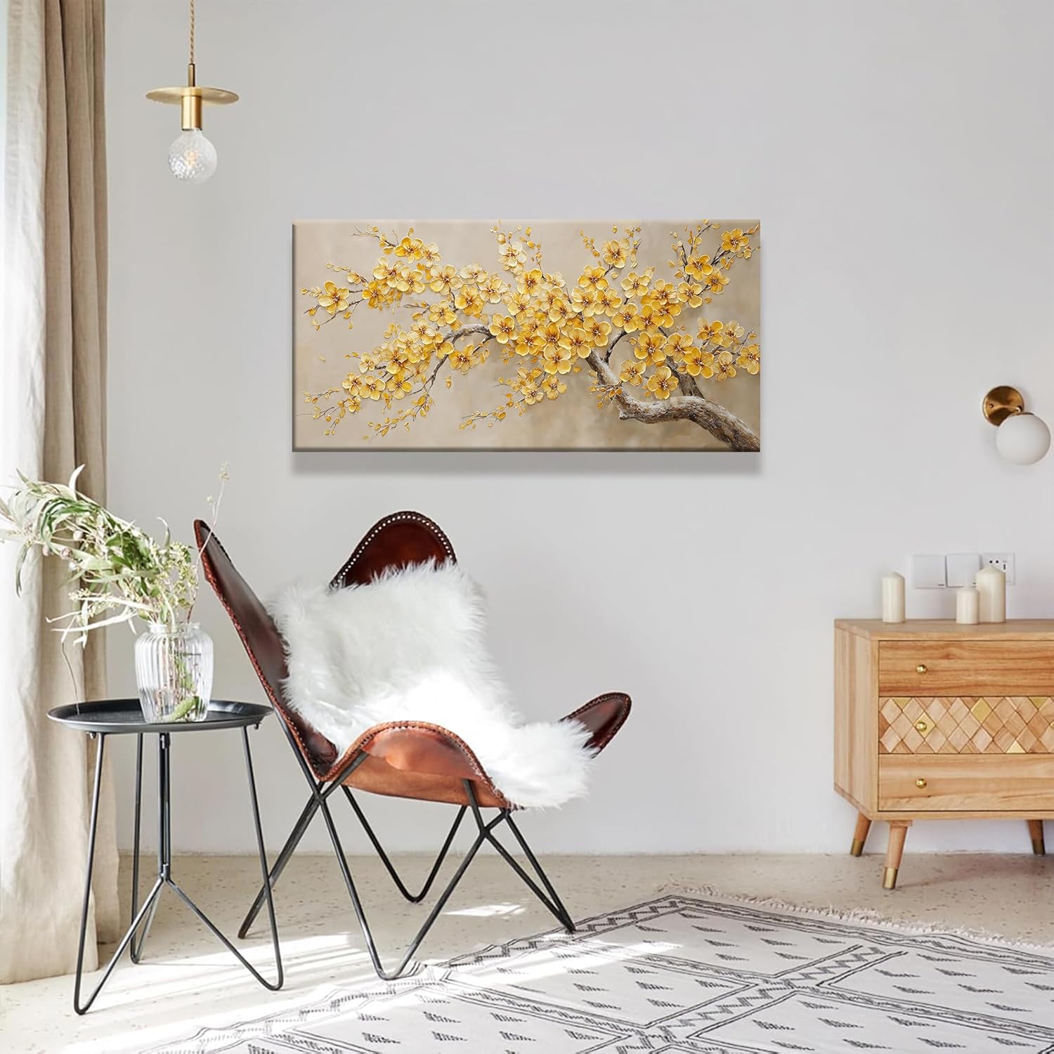 Modern Tree Of Life Wall Art Golden Yellow Flowers Wall Art Decor Canvas Prints Wall Pictures For Living Room Kitchen Bedroom Bathroom Office Apartment Decor 20x40 Inch