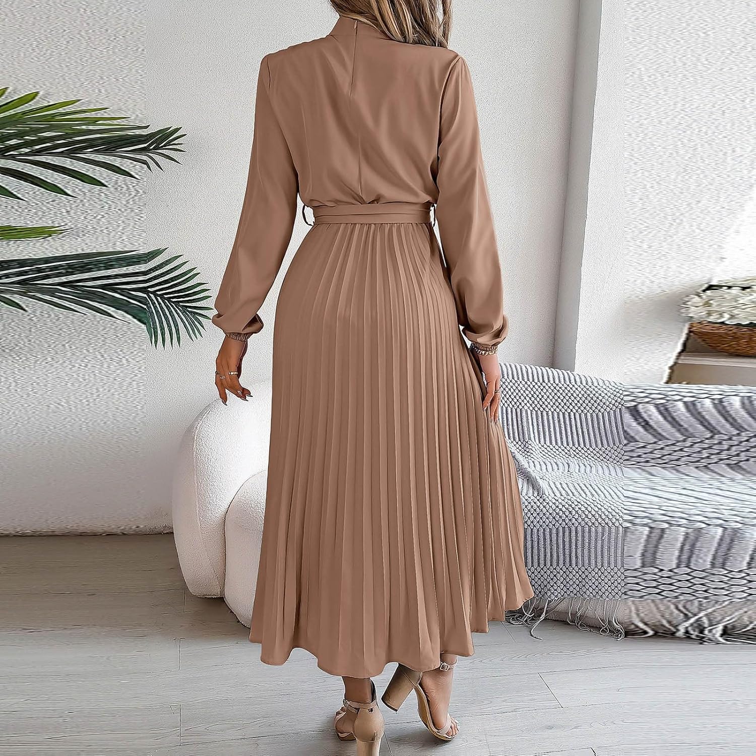 Solid Dresses for Women 2024 Mock Neck Long Sleeve Pleated A Line Dress Elegant High Waist Maxi Dress with Belt