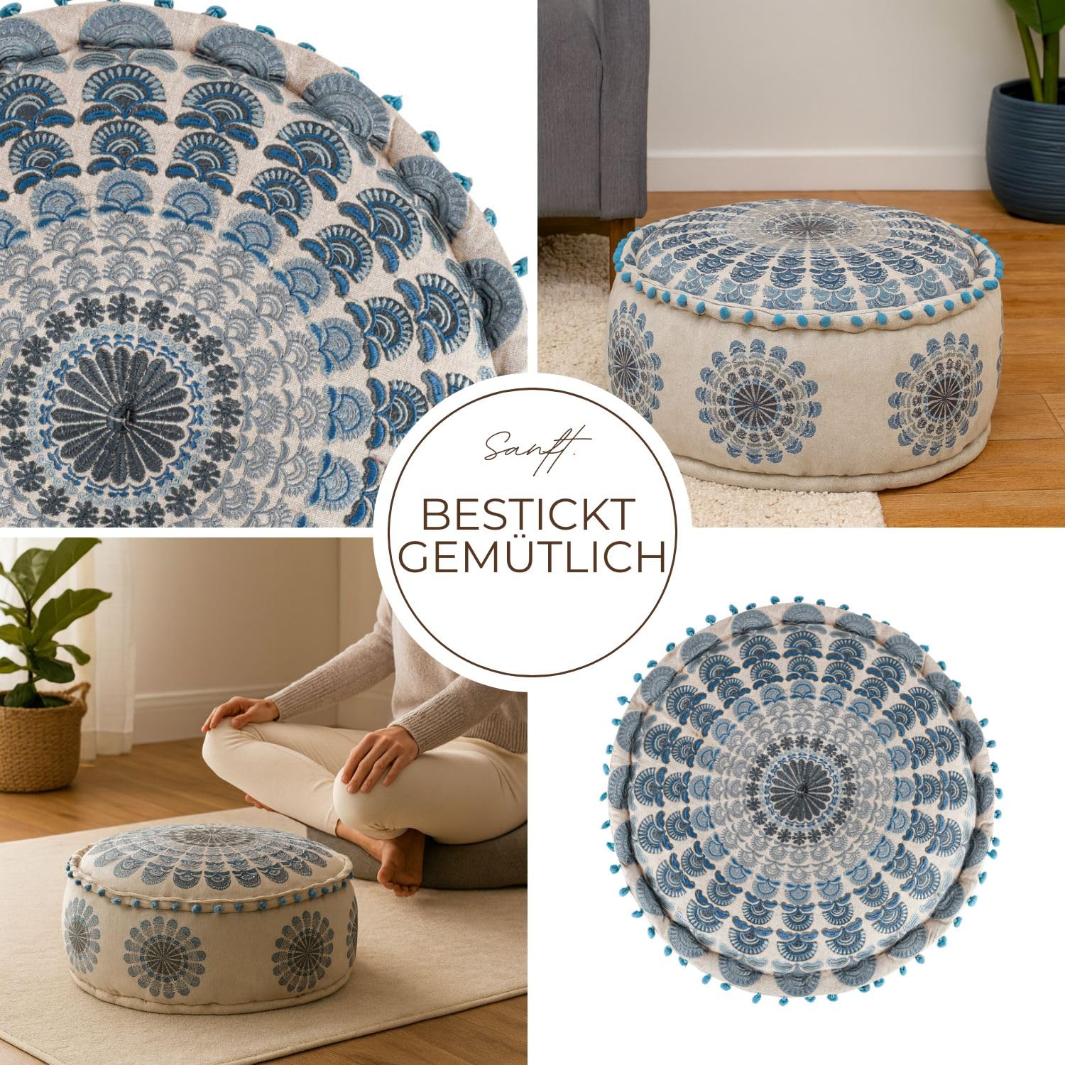 Boho Pouf Garet handgefertigt aus Baumwolle in Blau 50 cm handgemacht