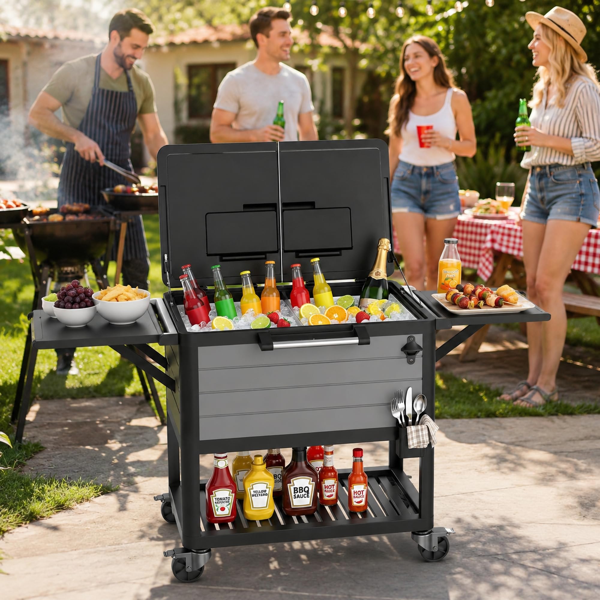 104 QT Patio Cooler Cart with Wheels, Outdoor Rolling Ice Chest Cooler for Patio, Pool, Deck &amp; Backyard, Portable Beverage Bar Cart with Double Lid, Foldable Side Tables, Bottle Opener &amp; Storage Shelf