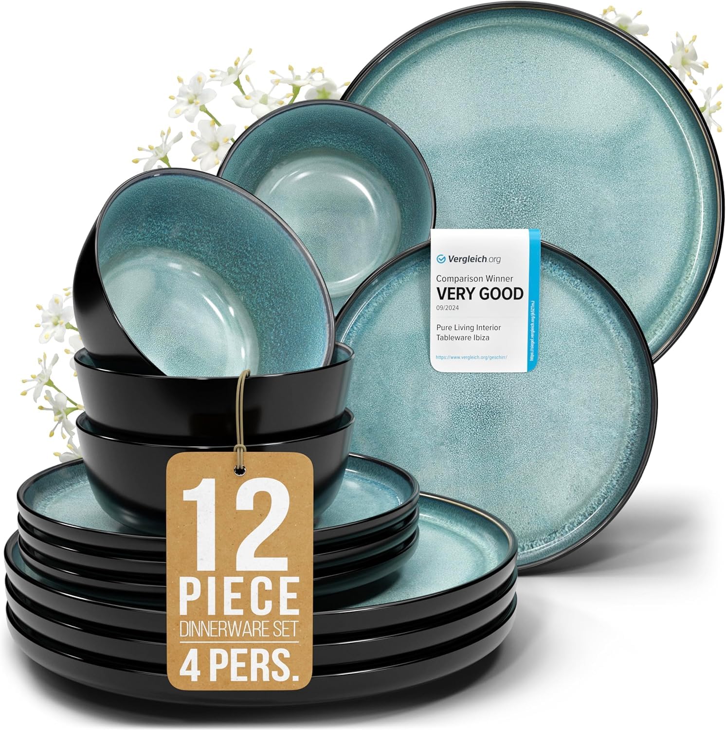 Pure Living Ibiza 12 Piece Dinner Set for 4 People - Mediterranean Stoneware Dinnerware, Dinner Service for 4, Plates and Bowls Set, Dishwasher and Microwave Safe - Petrol โ image 1
