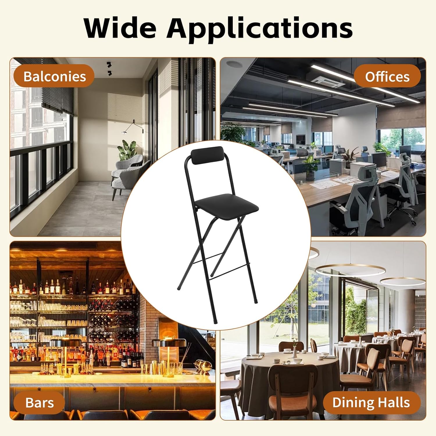 Folding Bar Stool, 275.58lbs Portable Freestanding Tall Folding Chair Padded Counter Height 27" Foldable Stool Seat Tall Bar Chairs w/Back for Study Rooms Balconies & Offices (1, Black)