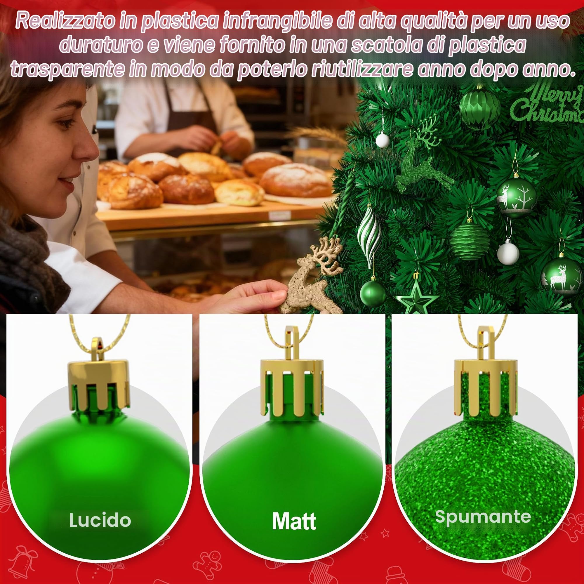 YUENFONG Set di 138 palline di Natale in plastica per albero di Natale, decorazioni natalizie opache e lucide con puntale a stella, palline decorative per albero di Natale, verde scuro