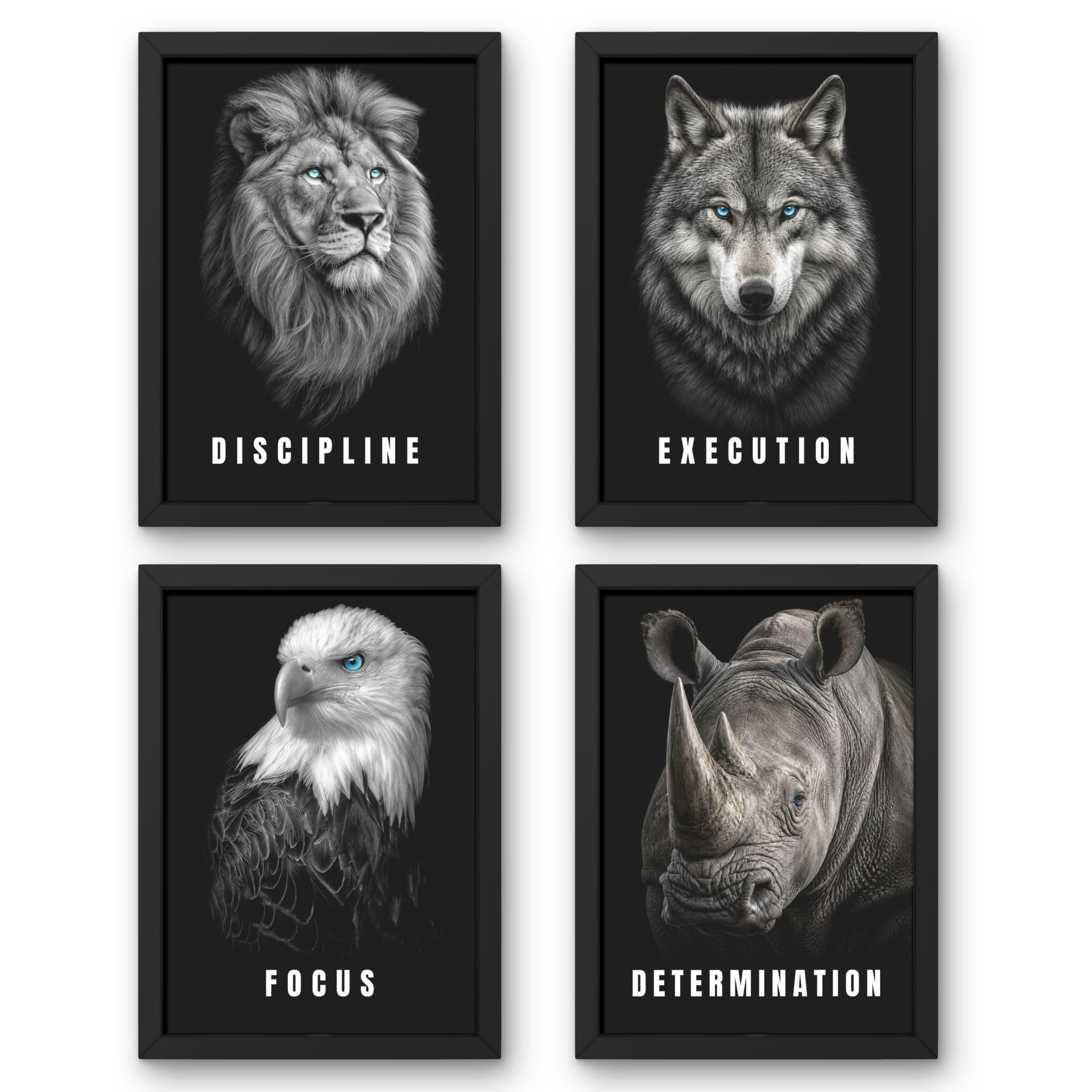 lion discipline, wolf execution, eagle focus & rhino determination | inspirational office, gym & study room decor -motivational wall art set of 4 frames (13.6 x 10.2 inch)