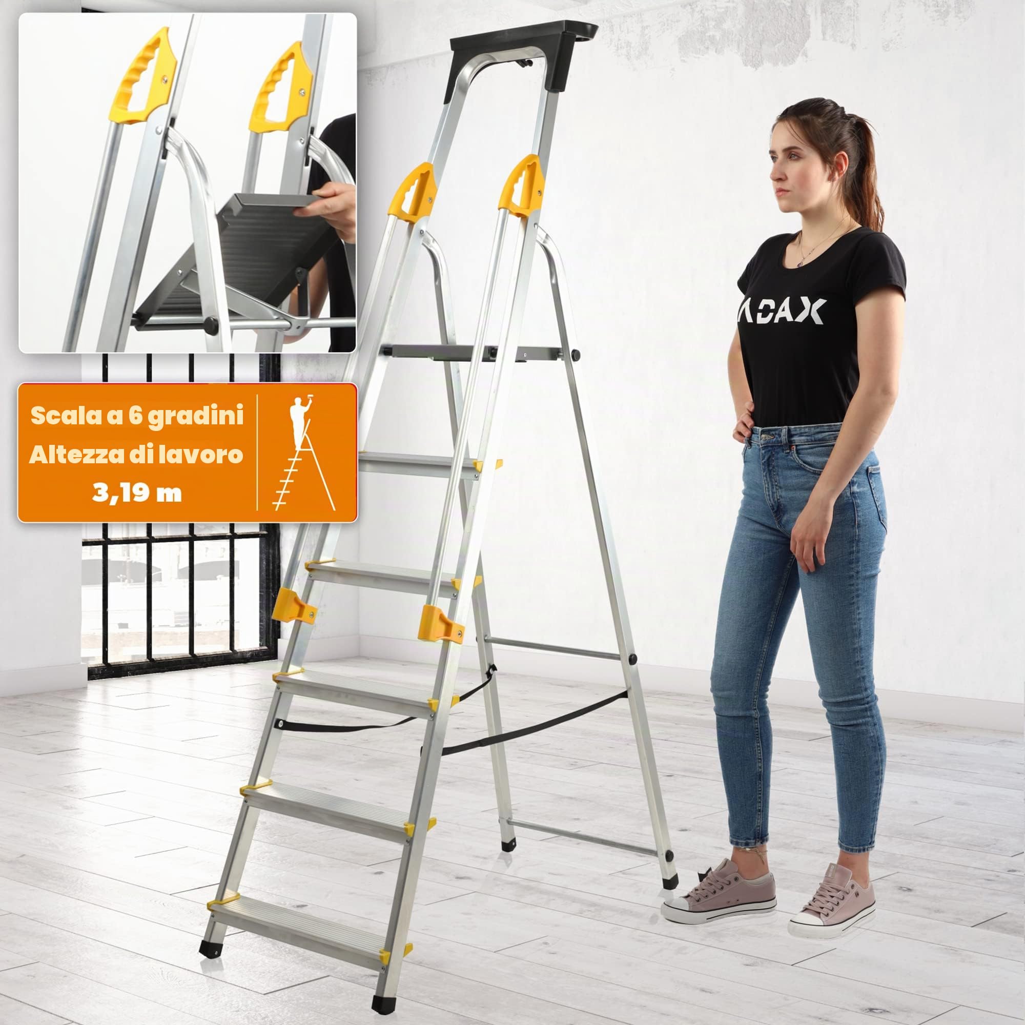 KADAX Scala Portatile in Alluminio, Scaletta Pieghevole con Gradini Antiscivolo e Corrimani Laterali, Portata Fino a 150 kg, Certificata EN 131 (6 Gradini)