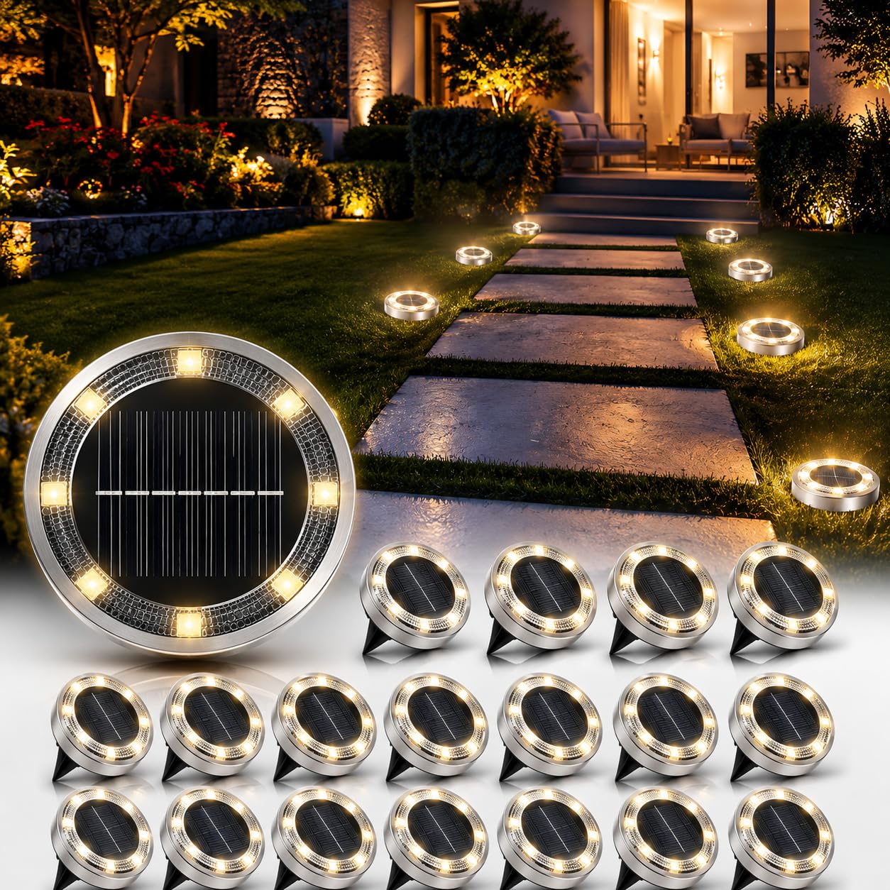 PANCA 5 Pack Solar Ground Lights Outdoor Waterproof Stainless Steel, Solar Powered Pathway Lights for Garden Walkway Driveway Landscape Lighting, Automatic Dusk to Dawn Outdoor Decor (Warm White)-image-48