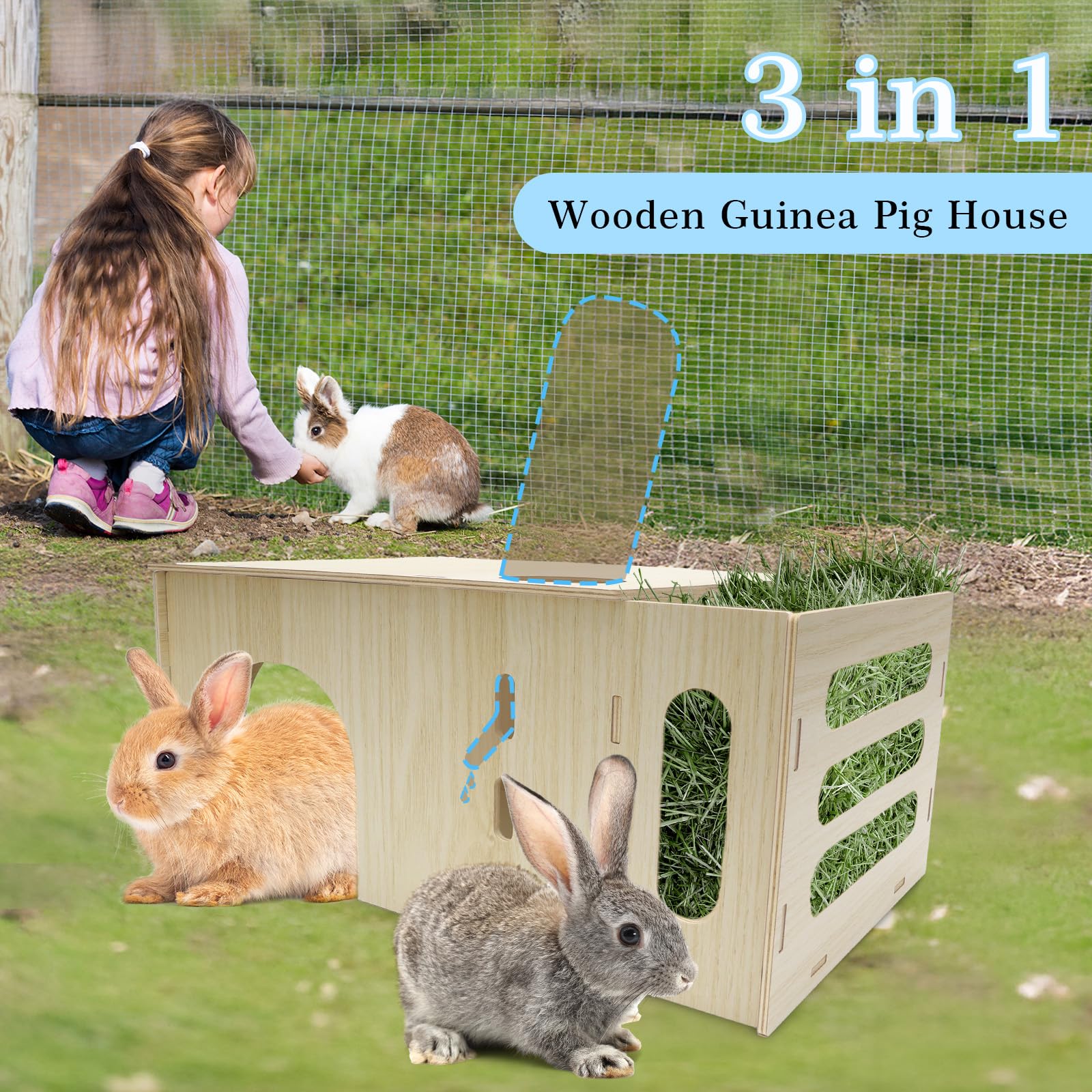 3 in 1 Portafieno per porcellini d'India, accessori in legno per porcellini d'India con portafieno, portaborraccia e casetta, 40 x 17 x 24 cm, per piccoli animali come conigli nani