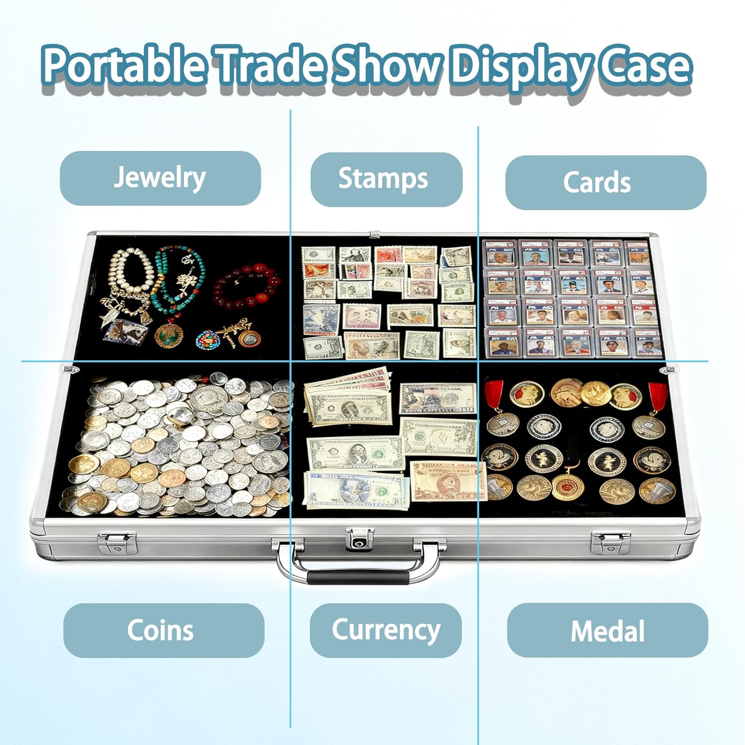 34" x 22" Large Lockable Card Display Case, Silver Aluminum Sports Card Display Case with Clear Acrylic Panel, Portable Collectible Showcase for Baseball, Pokemon & TCG Cards