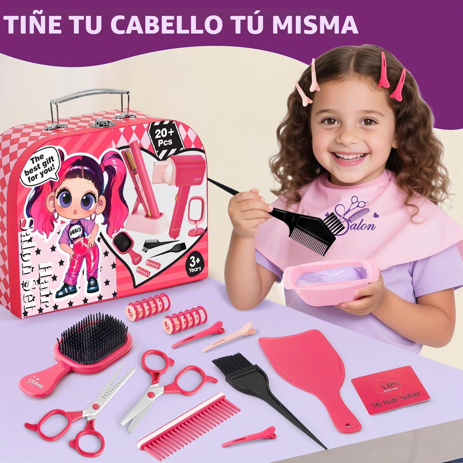 Toylink Set Peluquería Niña con Secador de Pelo, Plancha, Espejo, Peines, Tijeras, Rulos y Maletín de Belleza, Juguetes Simulación, Regalo para Niñas 3 4 5 6 7 8 Años