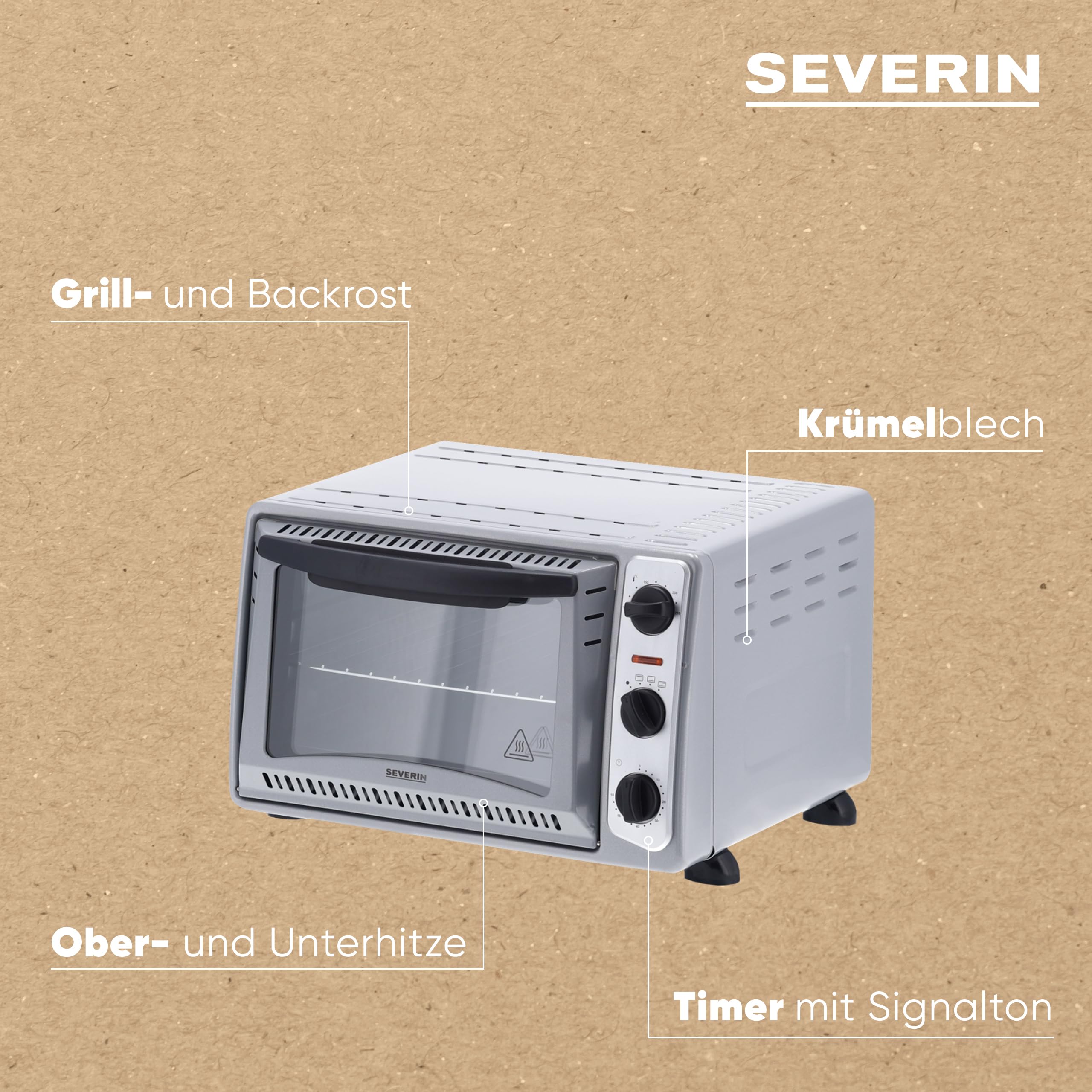 SEVERIN Back- und Toastofen, mobiler Backofen für Pizza, Aufläufe, Kuchen, Brötchen etc., Toaster Ofen mit 1.500 W und Temperaturen von 100 bis 230 °C, silber, TO 2045