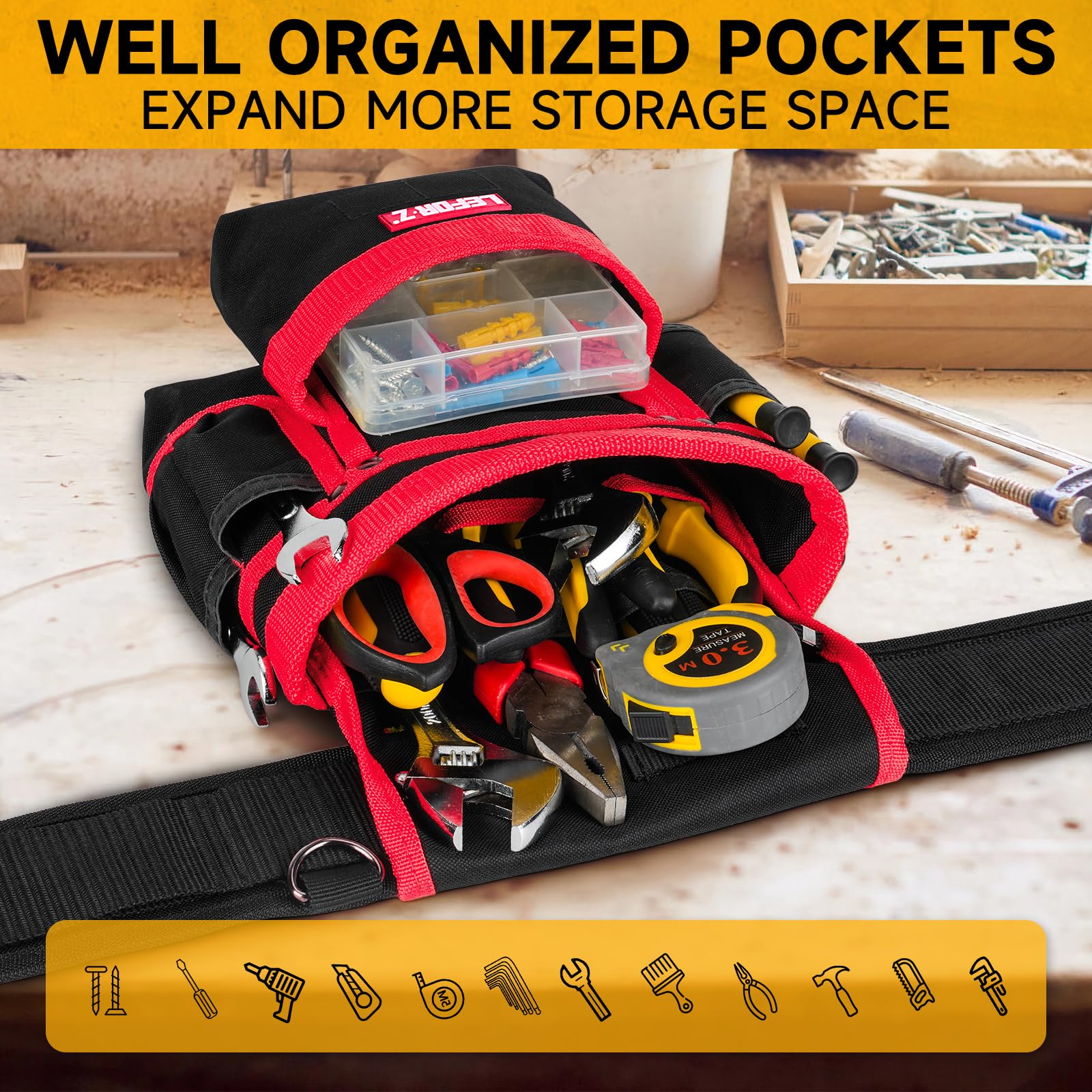 Heavy-Duty Tool Belt With 27 Pockets – Magnetic Pouch, Detachable 3-Piece Design, Padded Waist Belt, Adjustable 31–48 Inch, For Electrician, Carpenter, Contractor