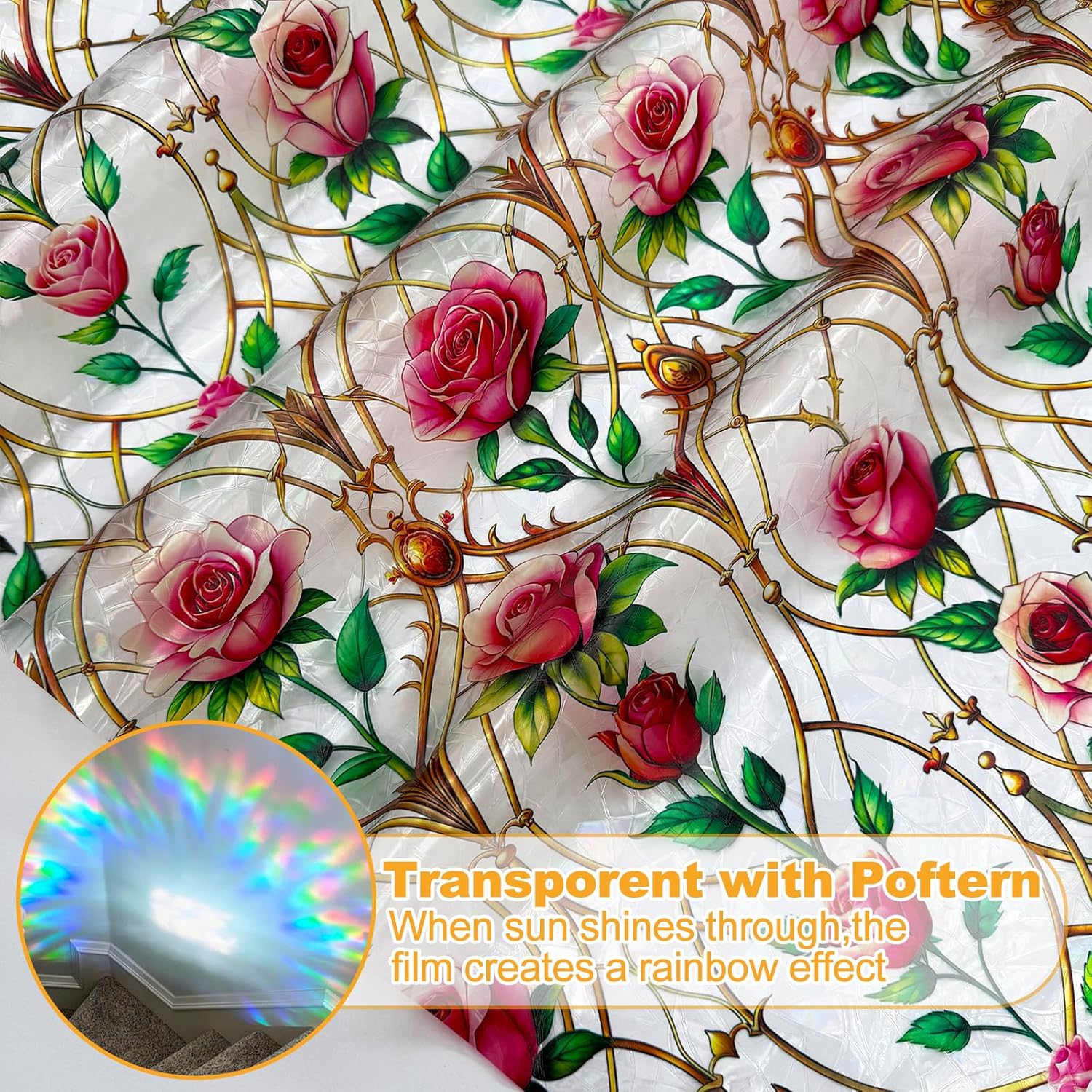 Rainbow Static Cling Window Film, Stained Glass Privacy Film with Rose Pattern, Anti-Glare UV Protection, Removable Decorative Window Clings for Home/glass door (Vintage Rose, 35.4 x78.7 in)