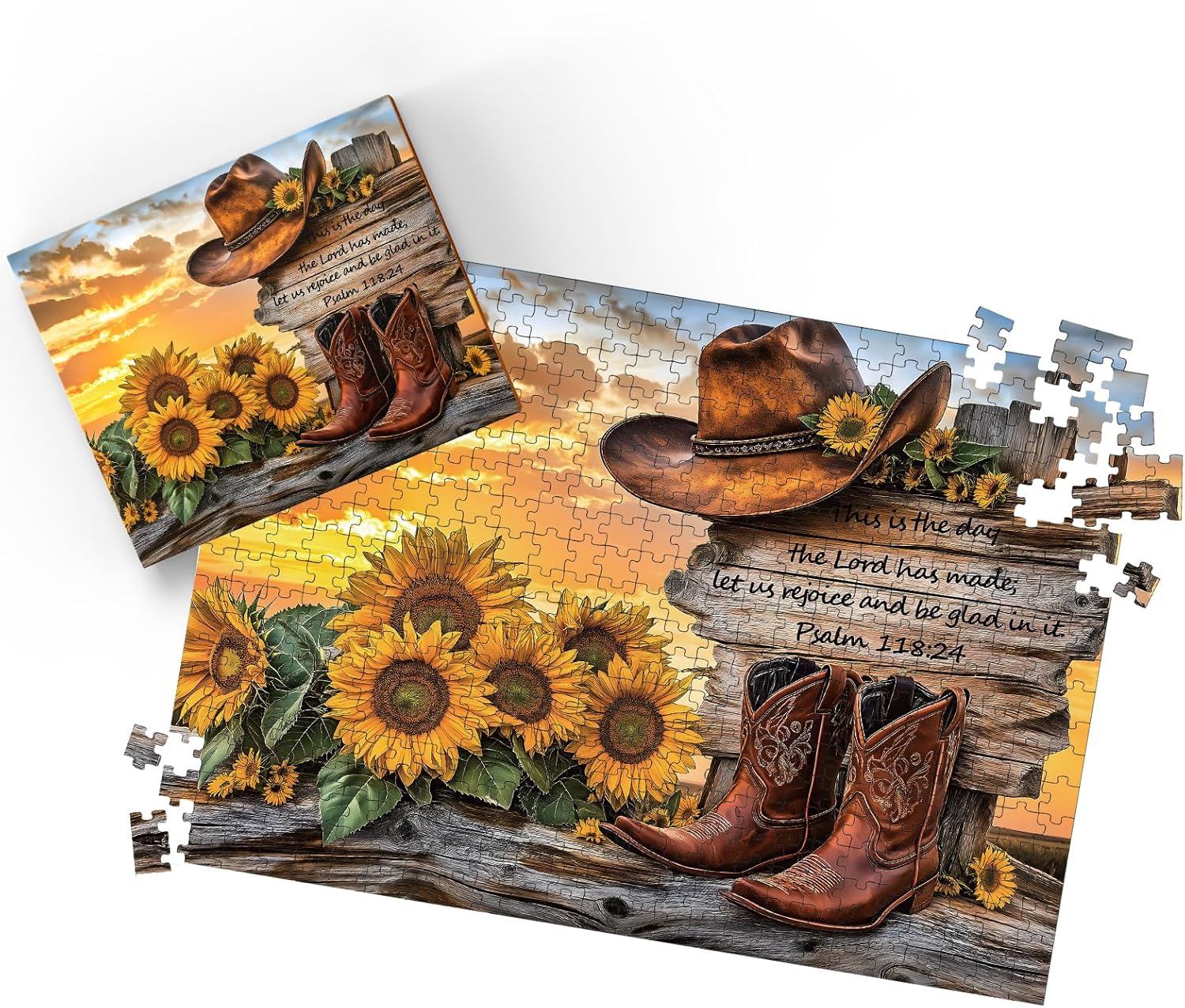 Puzzles for Adults 500 Pieces, Cowboy Hat and Cowboy Boot Jigsaw Puzzles - Sunset Psalm of the West, Impossible Sunflower Puzzles for Seniors Family, 20.47x14.96 inches, 1:1 poster, Letter on the Back