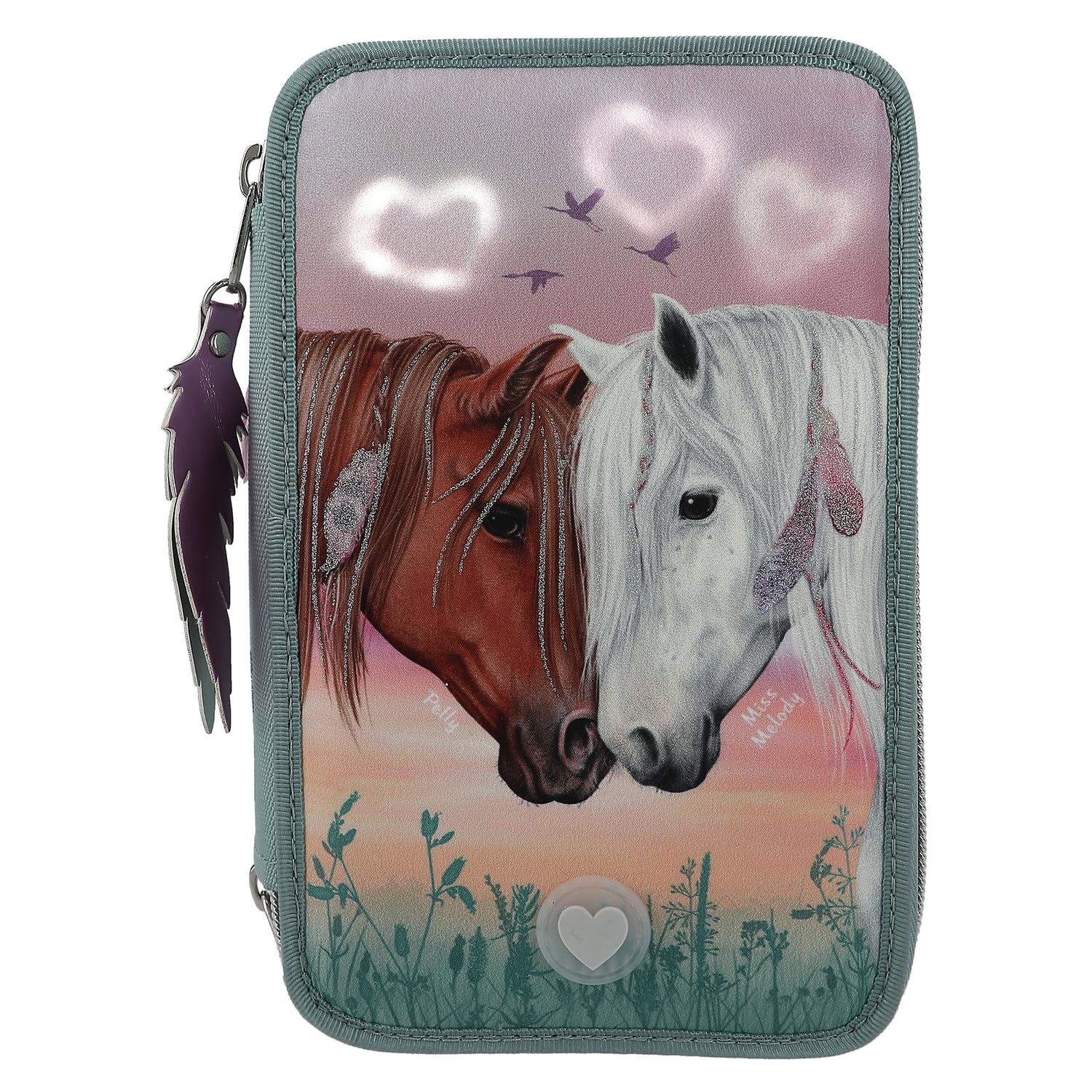 Depesche 11774 Miss Melody - Gefüllte 3-Fach Federtasche mit Pferde-Motiv und LED-Herzen, Salbeigrüne Federmappe mit Buntstiften, Lineal, Schere uvm.