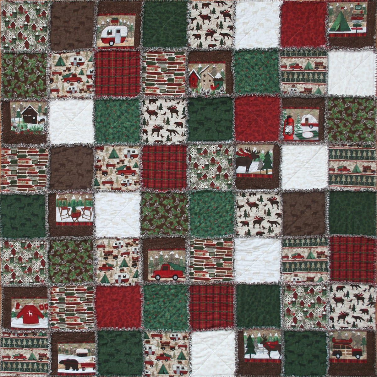 Exclusive Woodland Retreat Flannel Snuggler "Rag" Quilt Kit - Fun and Rustic Outdoor Christmas Scenes - Good Beginner Quilt