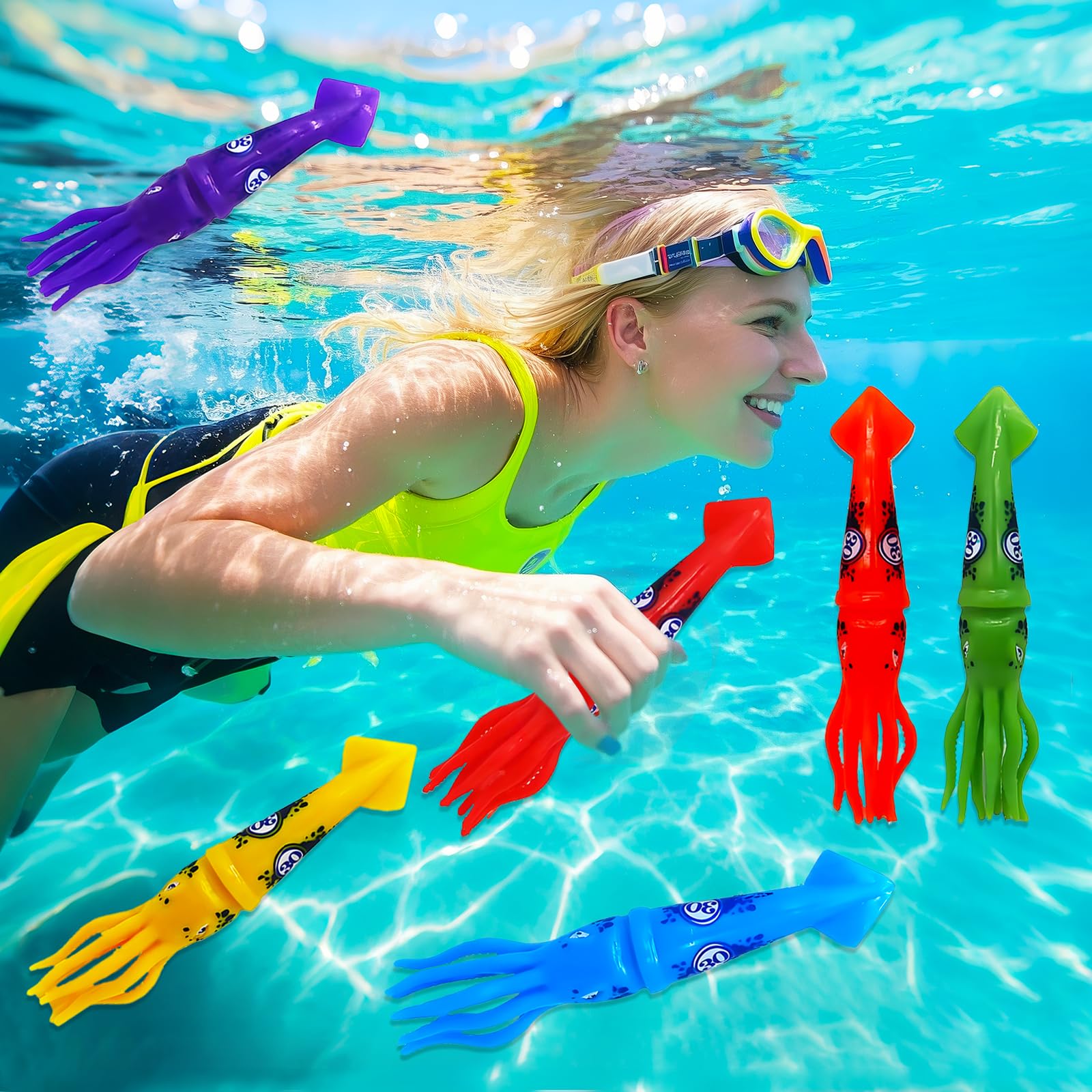 Lot De 6 Jouets De Plongée En Forme De Calmars – Couleurs Vives, Coulent Rapidement, Idéals Pour Piscine, Bain Ou Entraînement De Natation (4 Ans Et +)