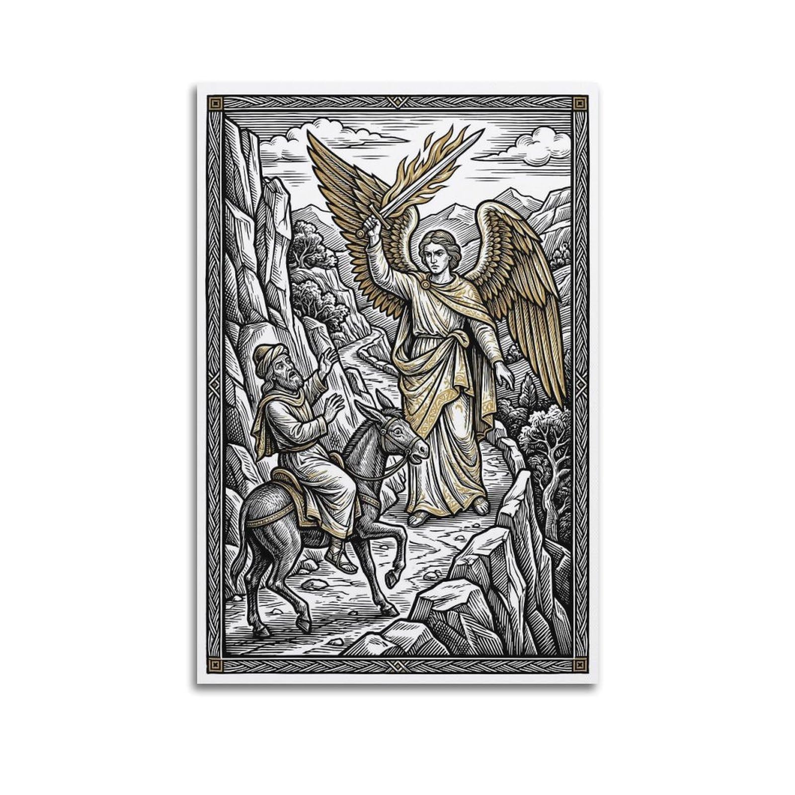OKNGB Bible Angel Poster Balaam Donkey Holy Sword Mountain Path Faith Decorative Painting Canvas Art Picture 20x30inch(50x75cm)