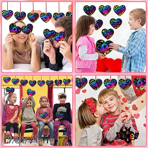 Miniatura 6 de JULMELON Manualidades de San Valentín para niños, 48 piezas de tarjetas de San Valentín para niños, arte de rascar en forma de corazón, arco iris,