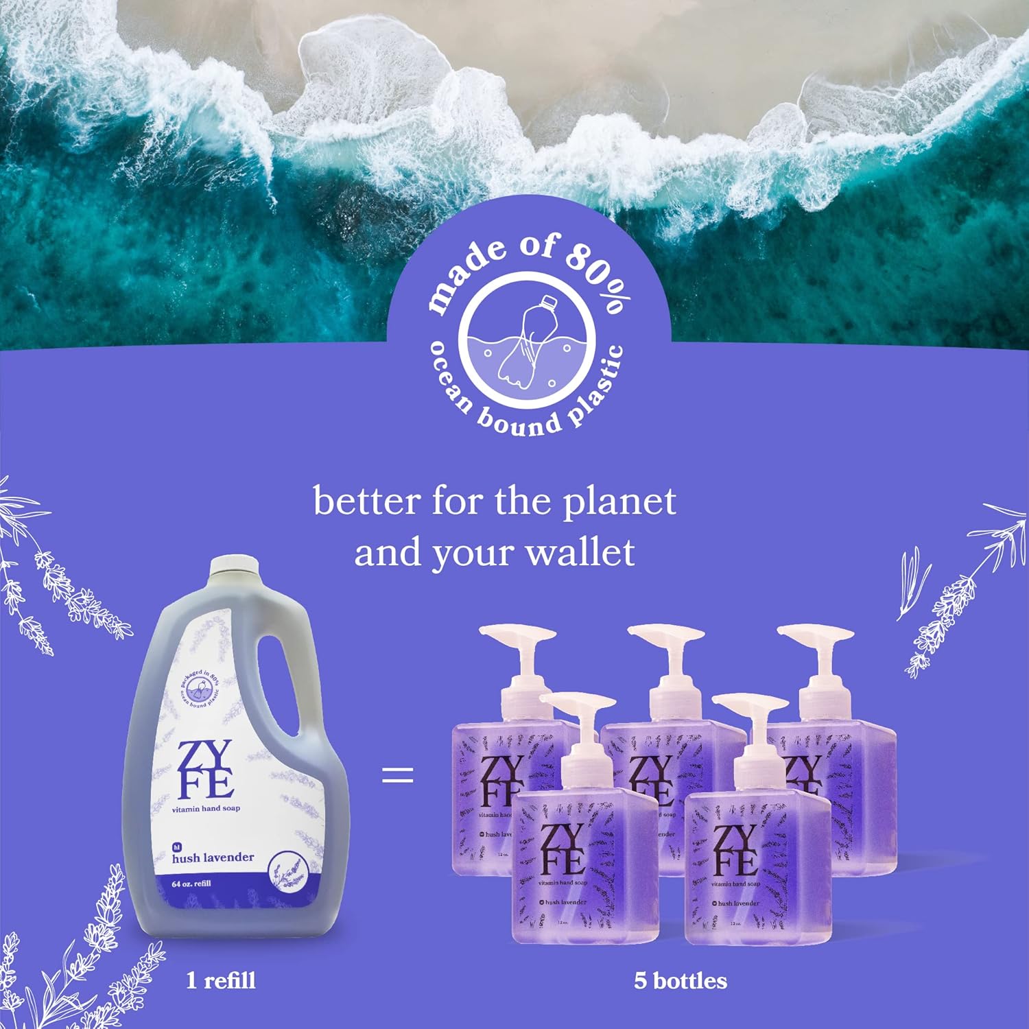 ZYFE Vitamin Hand Soap Refill | Liquid Hand Soap | Natural Plant Derived Moisturizing Handsoap with Essential Oil Fragrance Hush Lavendar | Soft Hand Wash for Kitchen & Bathroom | Lush Soft Soap 64oz : Beauty & Personal Care