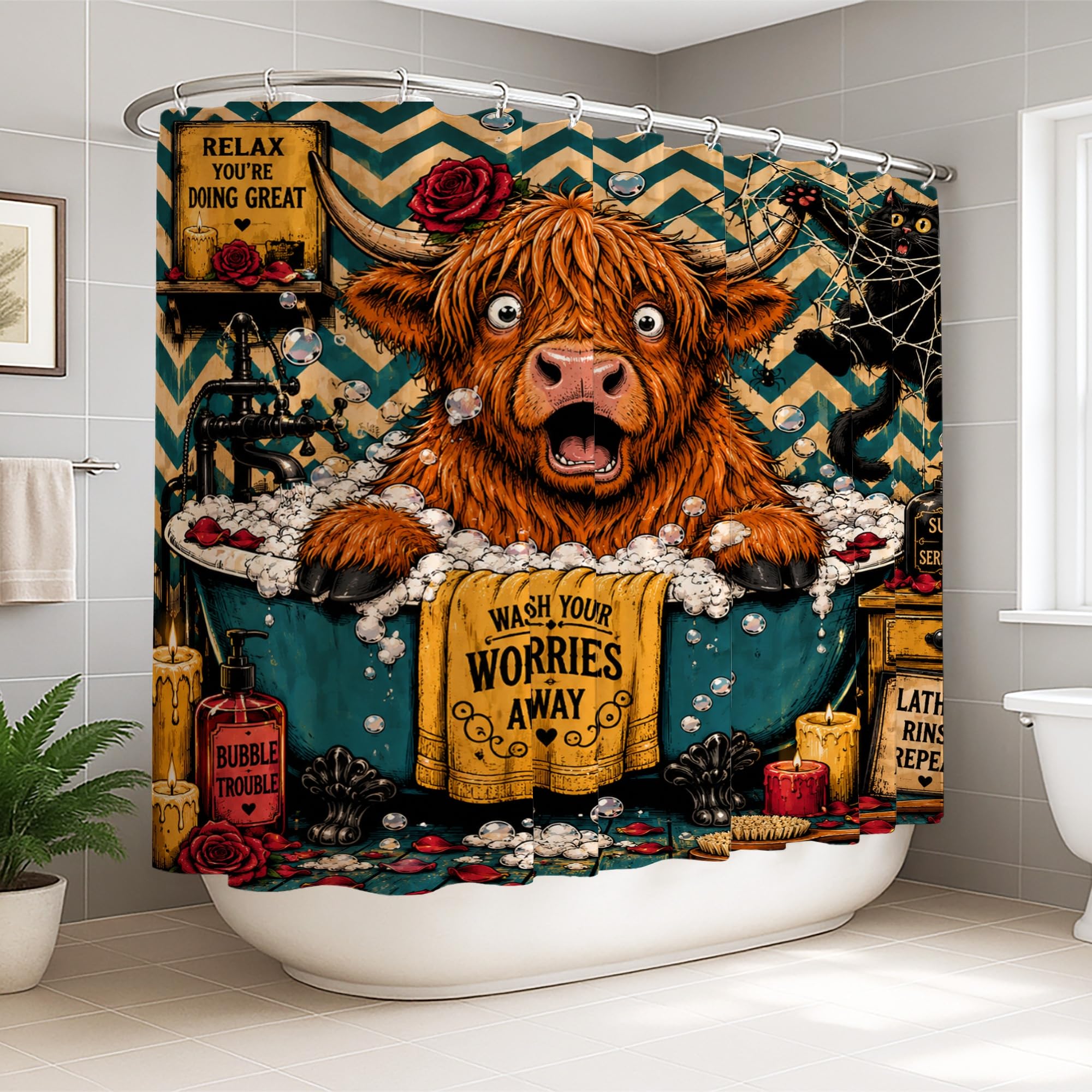 Rideau de douche pour dortoir et grand espace motif vache rurale et chat bohème turquoise