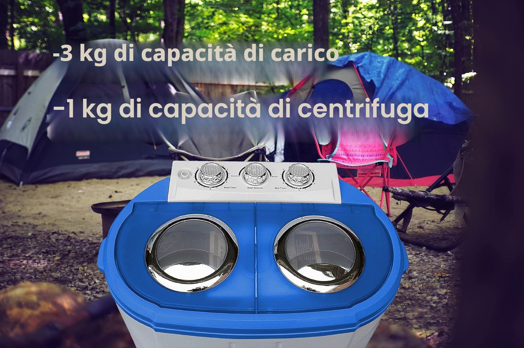 Mini Lavatrice | per campeggio | lavaggio Automatico | da viaggio| con funzione di rotazione | funzione di sicurezza | Fino a 3 kg | 580 Watt Max.