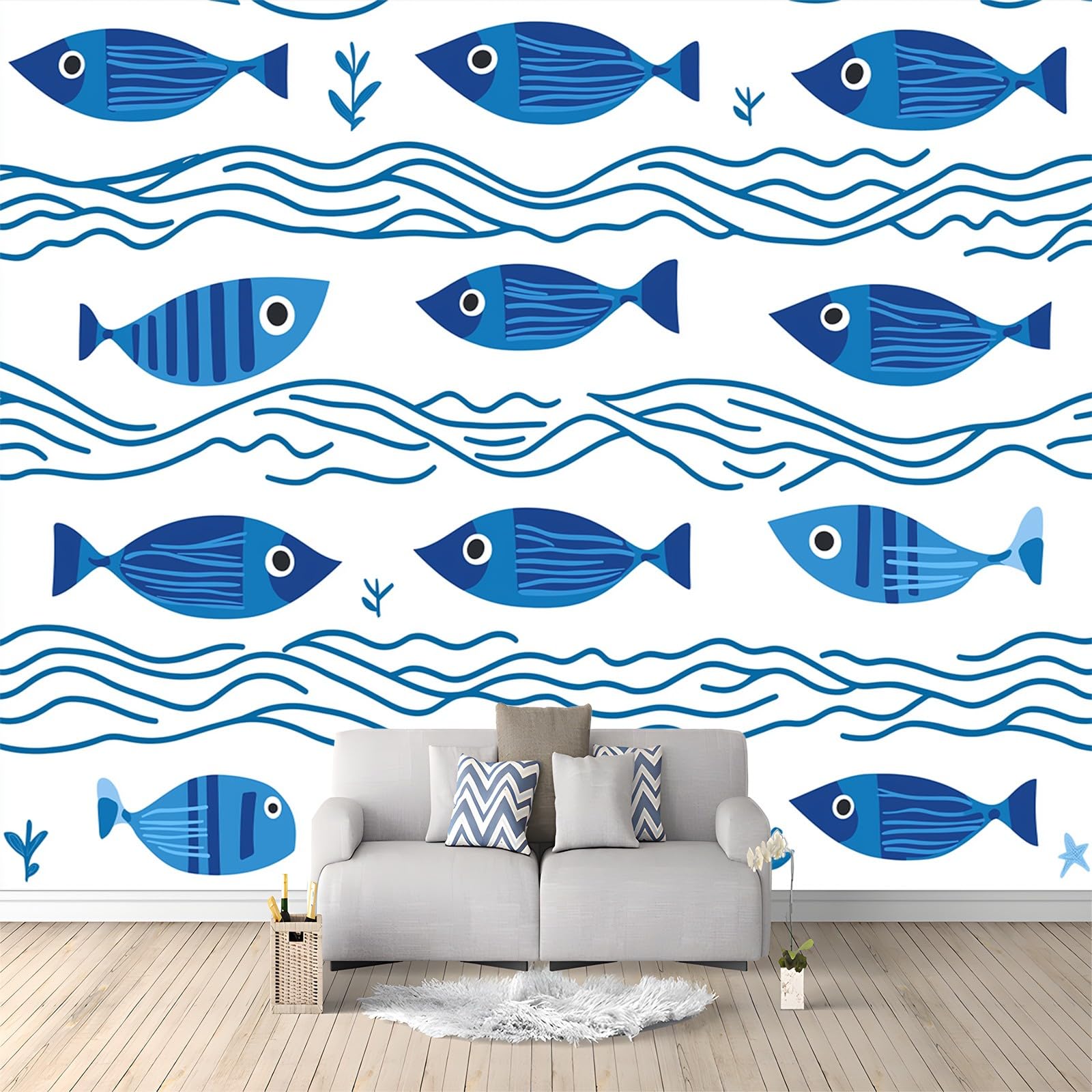 Carta da parati Tema Dell'Oceano Pesci Disegnati A Mano Fotomurali Murale alla moda Decorazione da Muro Poster 300x210 cm Gigante Design Carta per pareti Ornamento