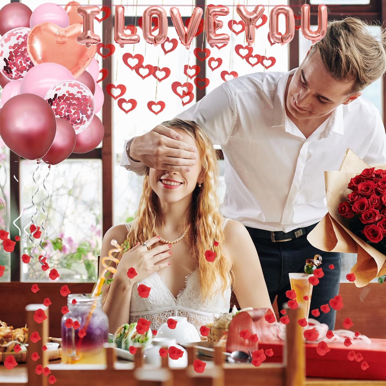 Romantic Valentine's Day Balloons Decorations Set - Heart Shaped and 'I LOVE YOU' Foil Balloon, Pink & Rose Gold & Confetti Latex Balloons, Pendants, and Rose Petals for Wedding Propose Party Favors
