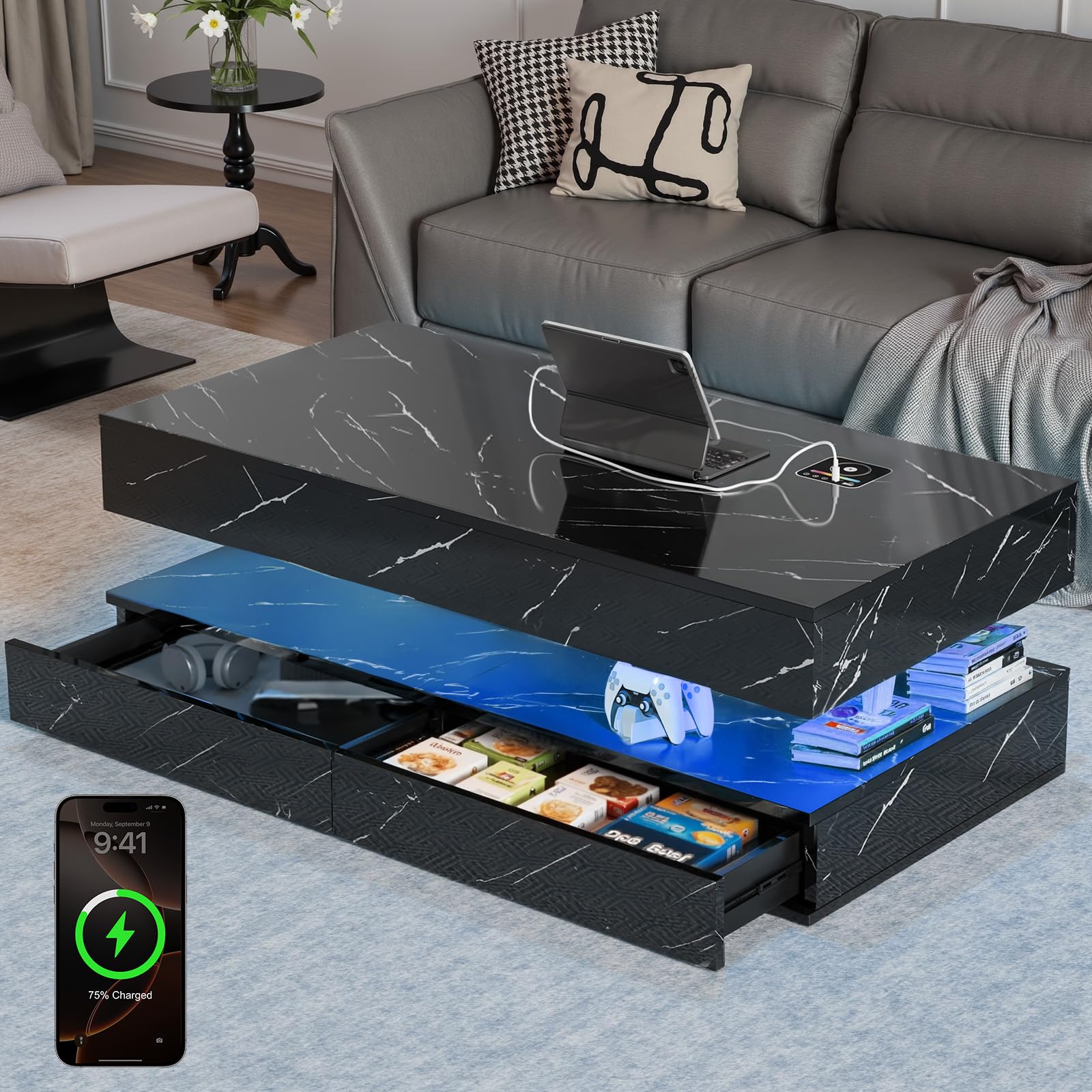 LED Coffee Table, 47.2" Coffee Tables with Storage Drawers, Smart Living Room Table with Wireless Charging & Bluetooth Speaker,Modern Center Tables