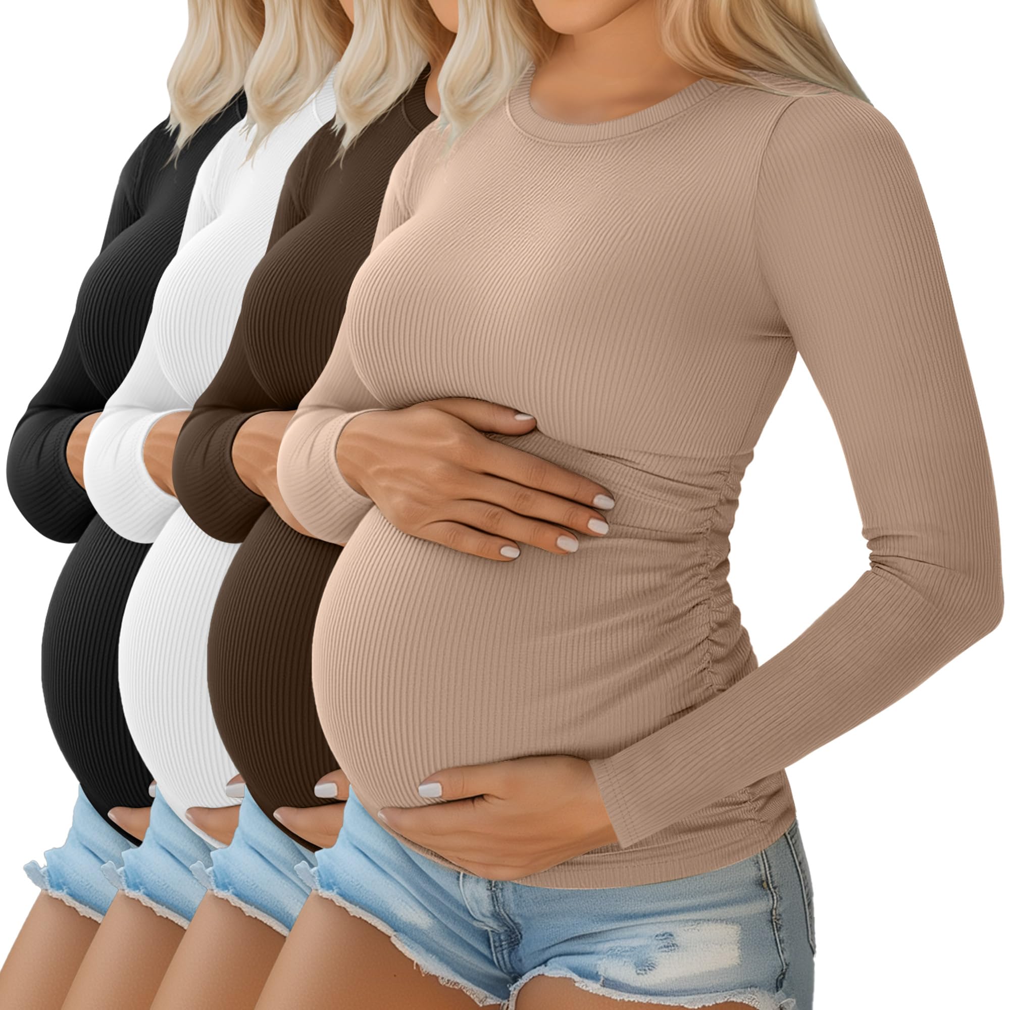 Ficerd 4 Pack Cotton Ribbed Crew Neck Maternity Tops